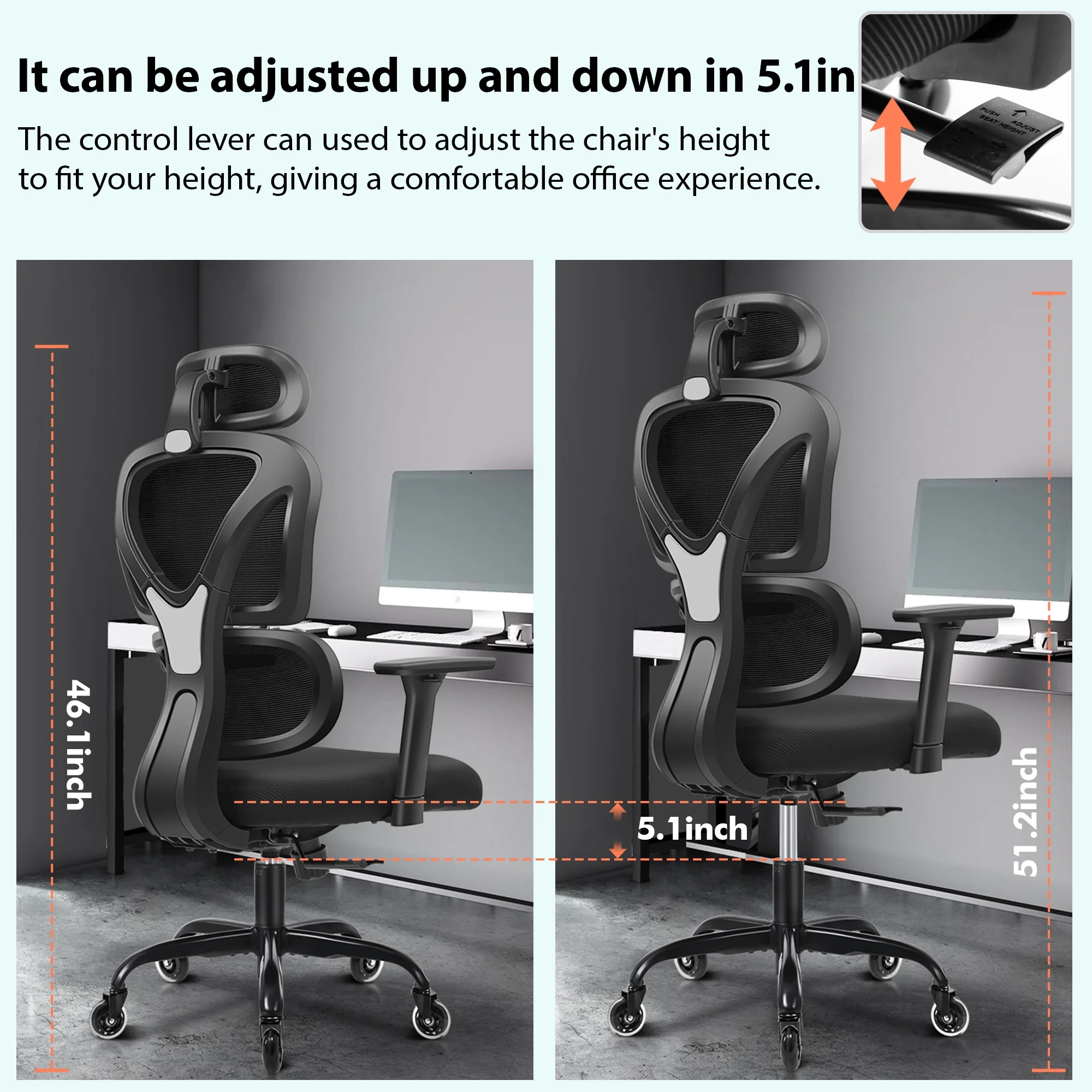 COOLHUT Ergonomic Office Chair, High Back Adjustable Computer Desk Chair with Lumbar Support, 500lb, Black