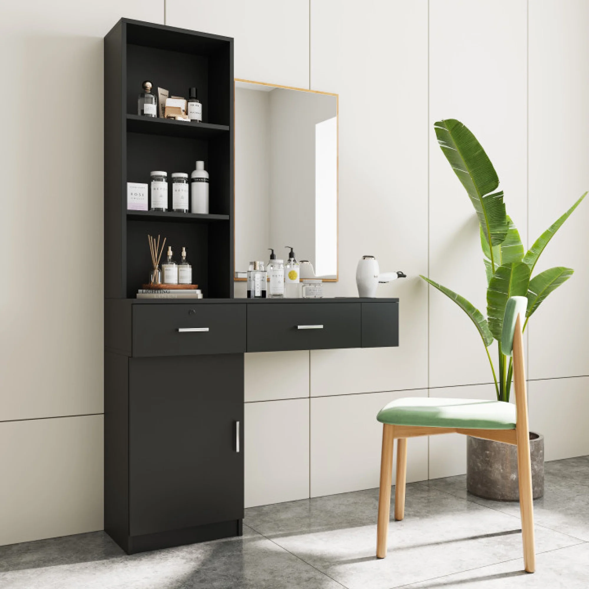 Modern Vanity Desk with Lights Makeup Vanity Dressing with Mirror Large Storage Space Black
