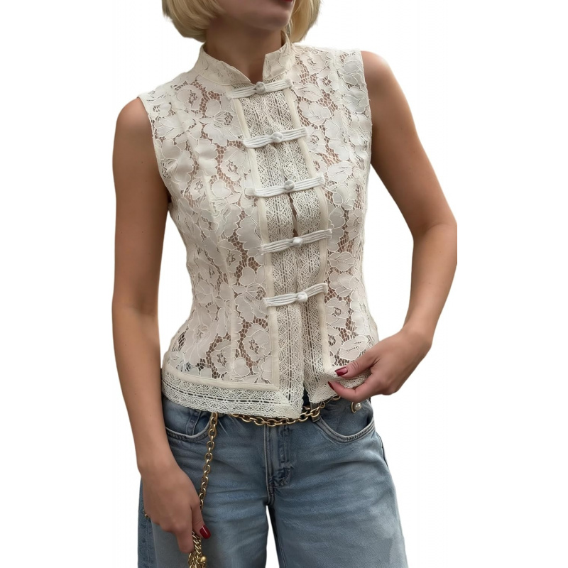 Sheer Lace Tank Top Mock Neck Frog Button Mandarin