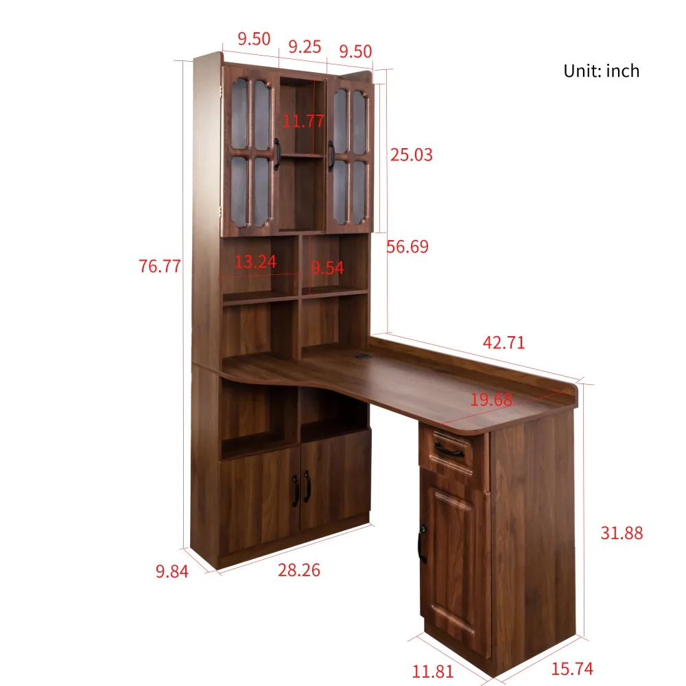 Tcbosik L-Shaped Desk with Storage, Corner Computer Desk with Hutch and Open Shelves, Study Writing Table with Drawer and Cabinets for Home Office, Space Saving, Walnut