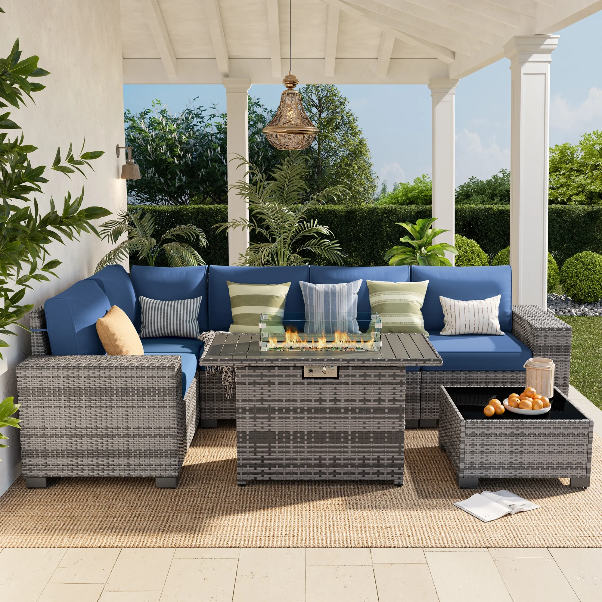 Poteban Patio Furniture Set 6 PCS Outdoor Sectional Conversation Sets Featuring Widen Wicker Armrests and High Back, Black (Waterproof Covers Included)
