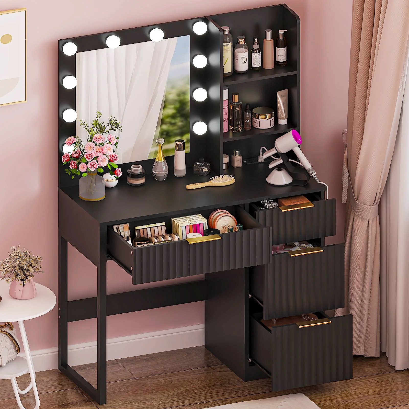 Ktaxon Vanity Set with 3 Color Lighted Mirror, Makeup Table with 3 Storage Shelves & Drawers, Dressing Table Makeup Desk with Stool,White