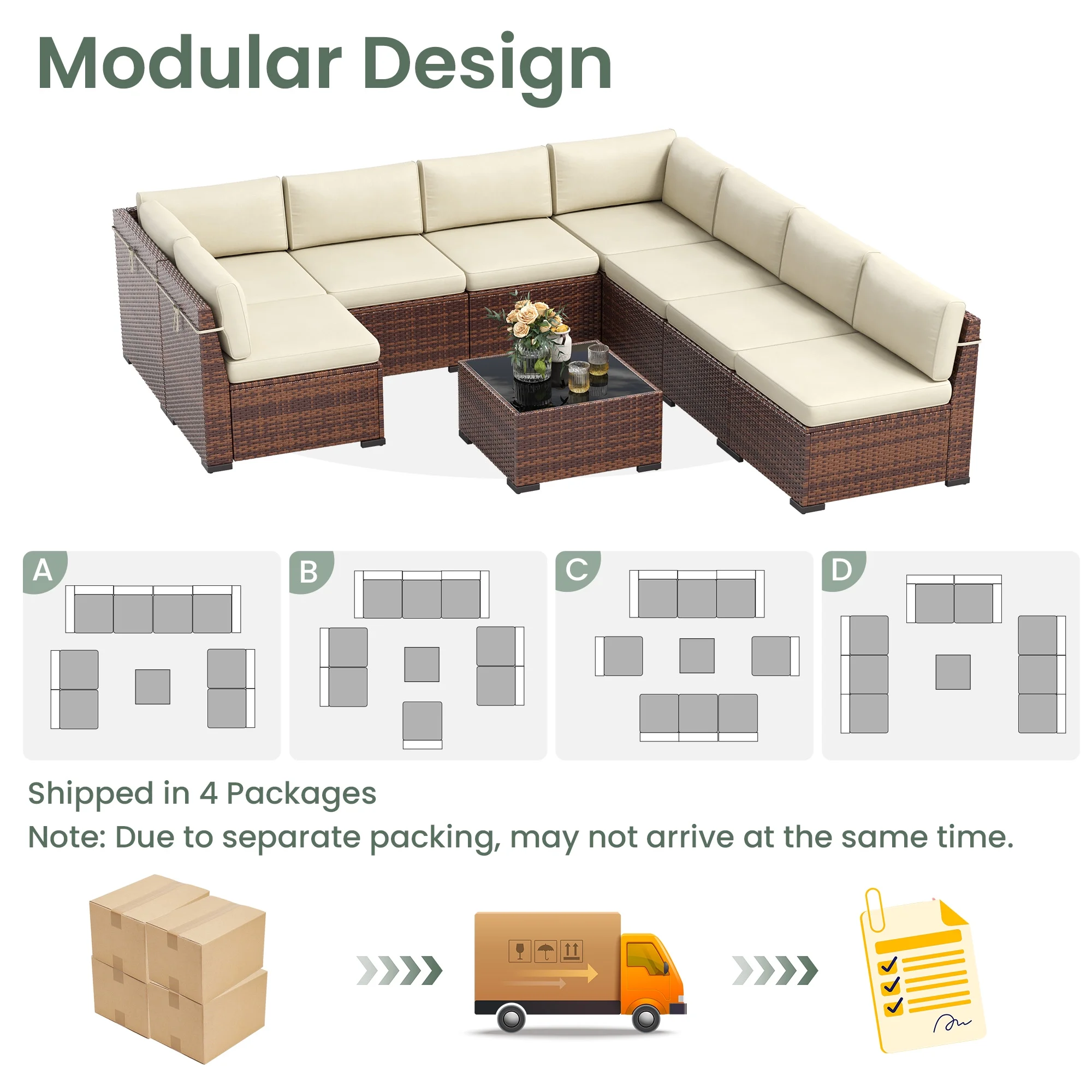 Poteban 7 Pieces Outdoor Sectional Sofa Set , PE Wicker Rattan Slanted Back Outdoor Conversation with Cushions and Glass Coffee Table for Backyard Garden, Dark Gray