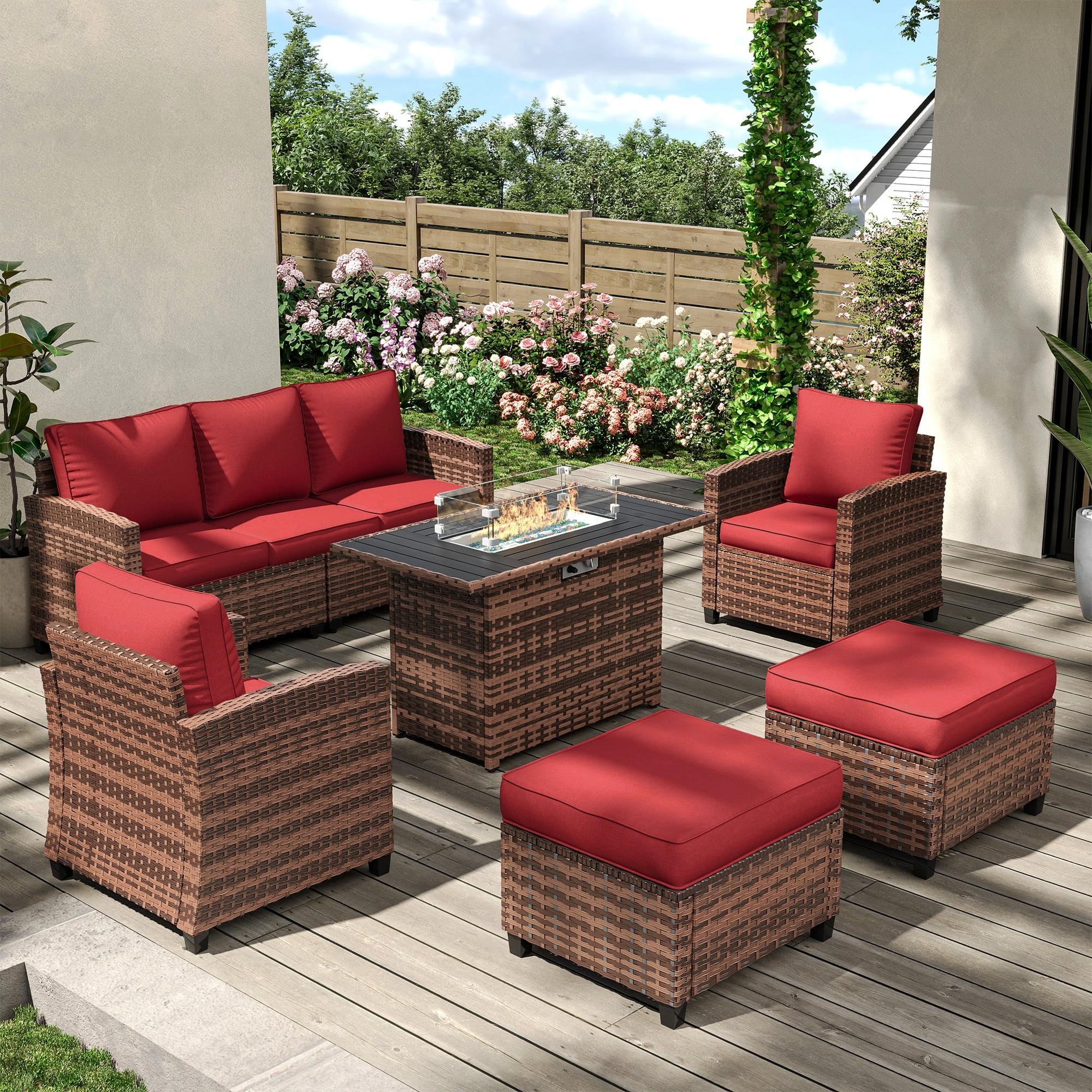 POTEBAN Patio Furniture Set, 7 Pieces Outdoor Sectional Sofa Couch with Chairs, Ottomans and Comfy Cushions, All Weather Wicker Rattan Patio Conversation Set for Garden Backyard Dark Grey