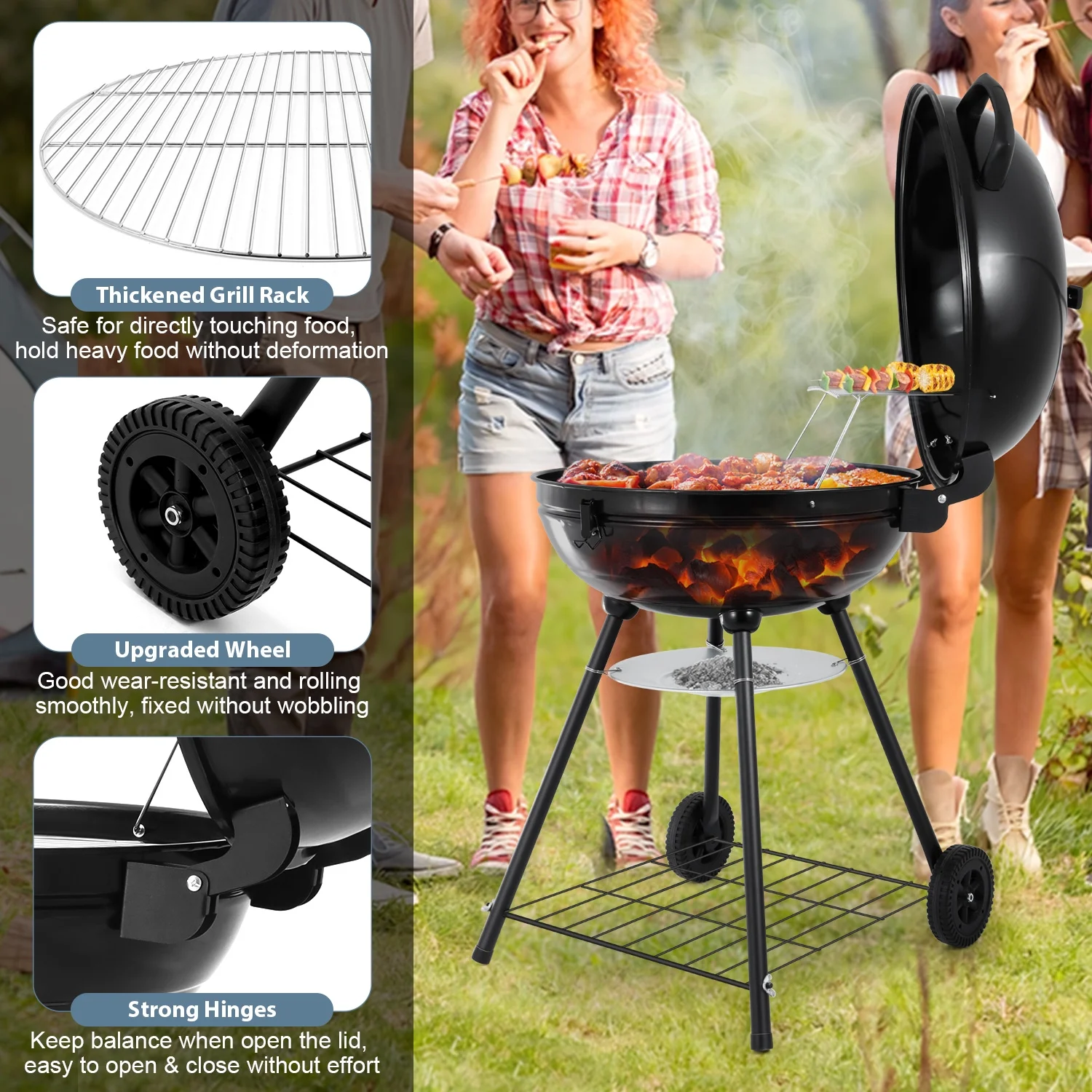 Walchoice 22 inch Charcoal Grill with Wheels & Temperature Gauge, 2 Layer Grilling Racks Heavy Duty Barbecue Grill for Backyard Camping BBQ Cooking, Black Enamel Lid & Bowl