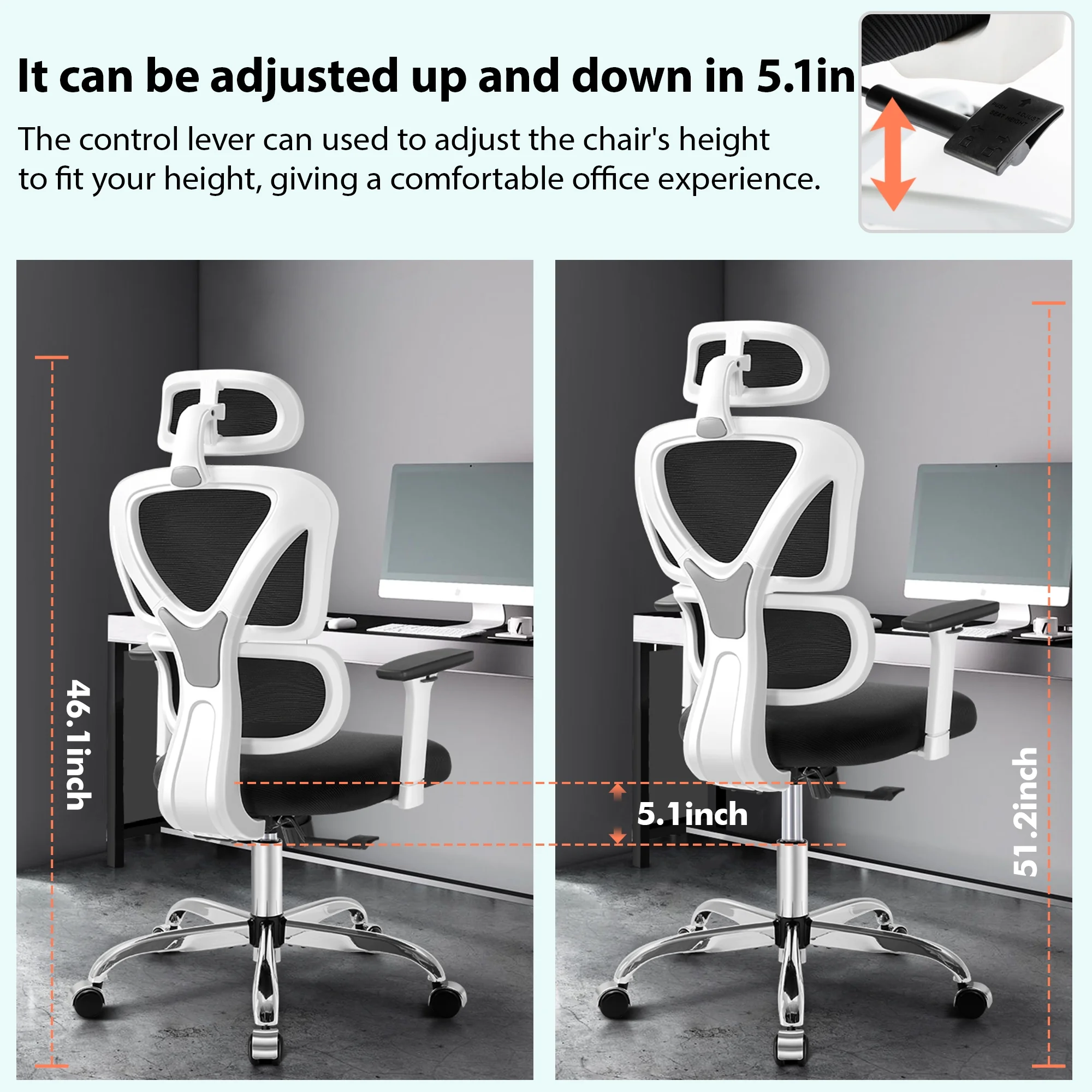 COOLHUT Ergonomic Office Chair, High Back Adjustable Computer Desk Chair with Lumbar Support, 500lb, Black