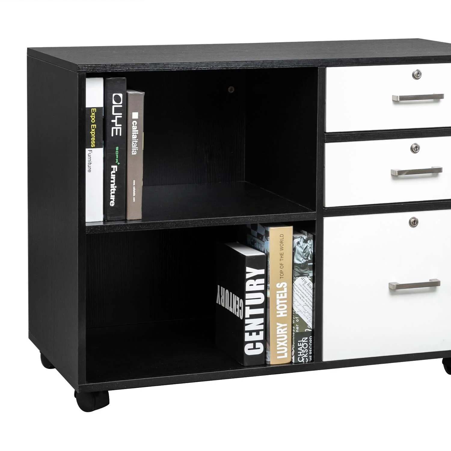 Ktaxon 3 Drawer Wood File Cabinets, Lateral Mobile Filing Cabinets Printer Stand with Locks and Wheels, Open Storage Shelves for Home Office