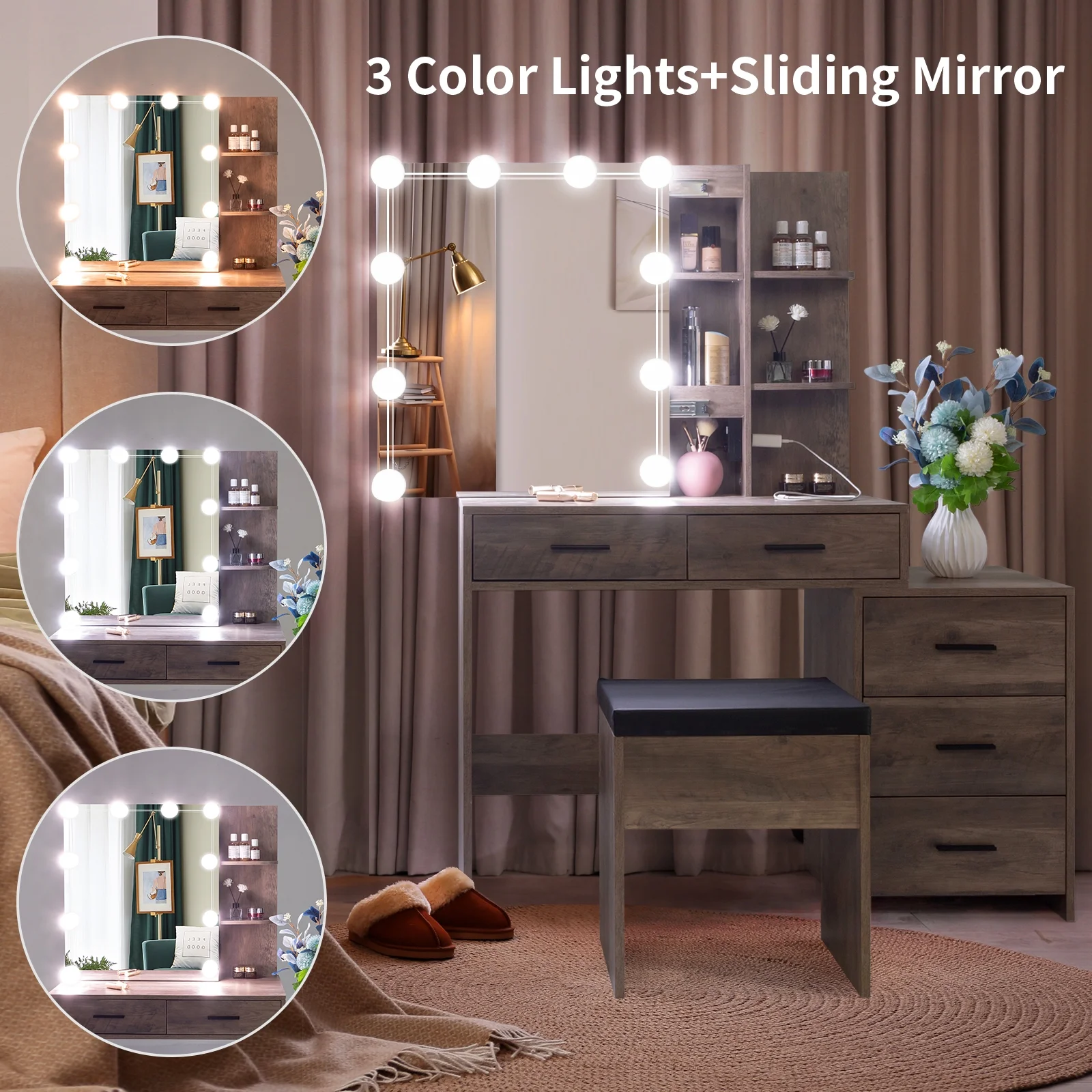 Gundir LED Makeup Vanity Desk with Sliding Mirror, 10 Lights Bulbs & Charging Station - Vanity Dressing Table with 5 Drawers, 2 Shelves & Stool