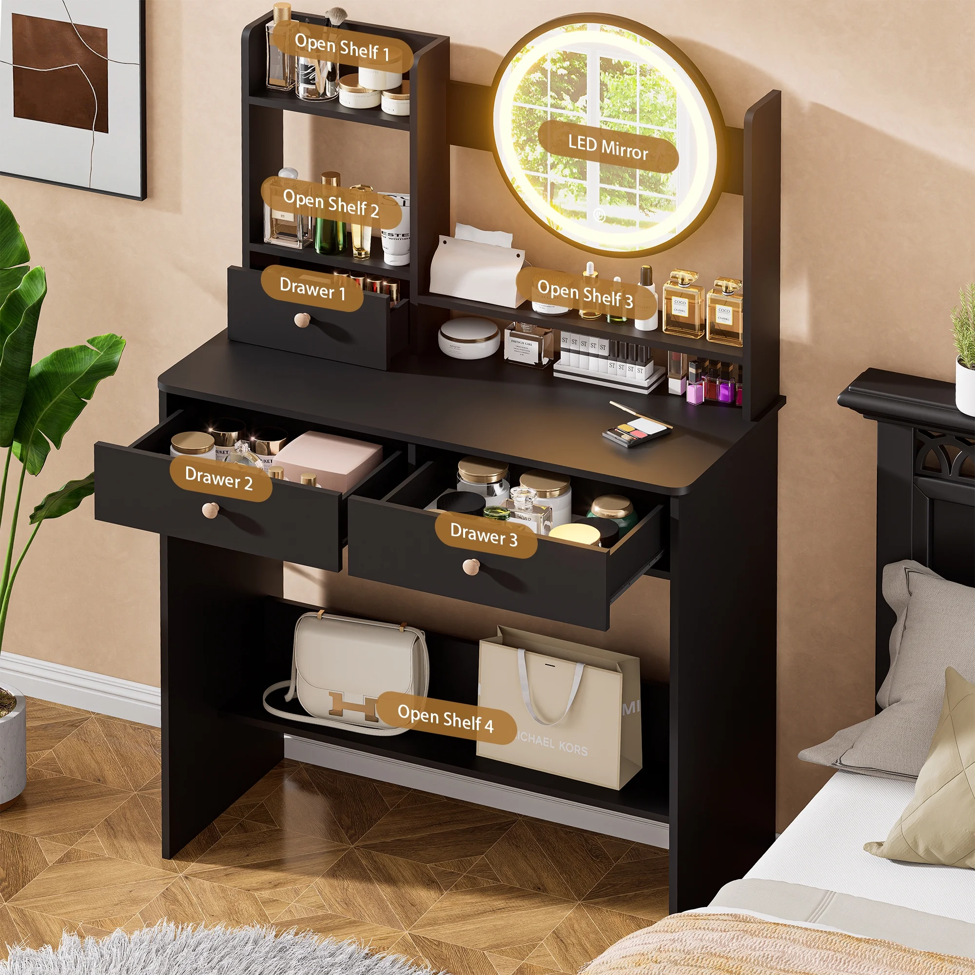 Vanity Desk with LED Lighted Mirror, Makeup Vanity Desk with 3 Drawers & Storage Shelves, 3 Color Modes, Dressing Table for Bedroom, White