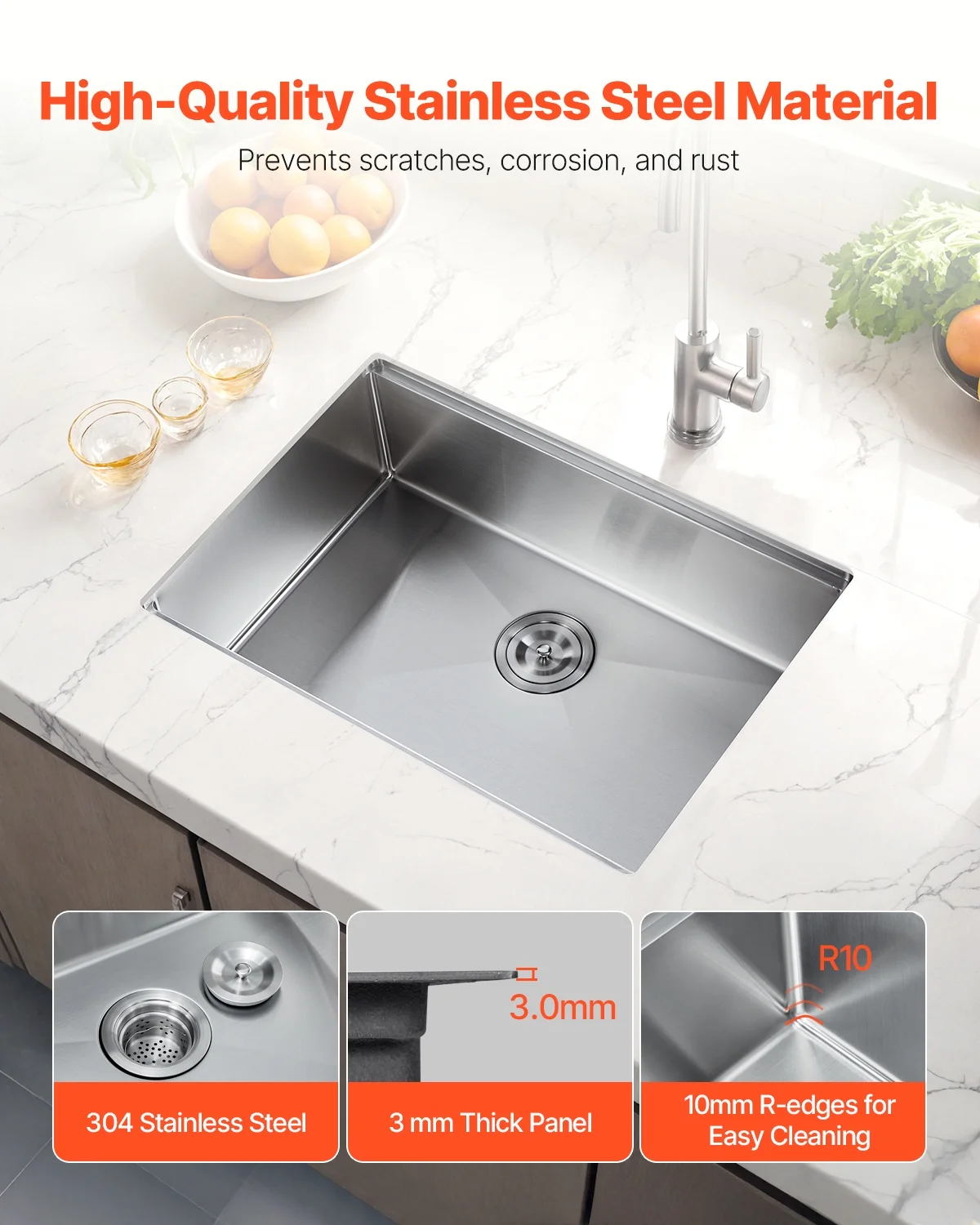 KFFKFF 23-inch Undermount Kitchen Sink,  304 Stainless Steel Single Bowl Drop-In Farmhouse Basin with Ledge & Various Add-ons, Domestic Dishwasher Sinks Suitable for Workstation, RV