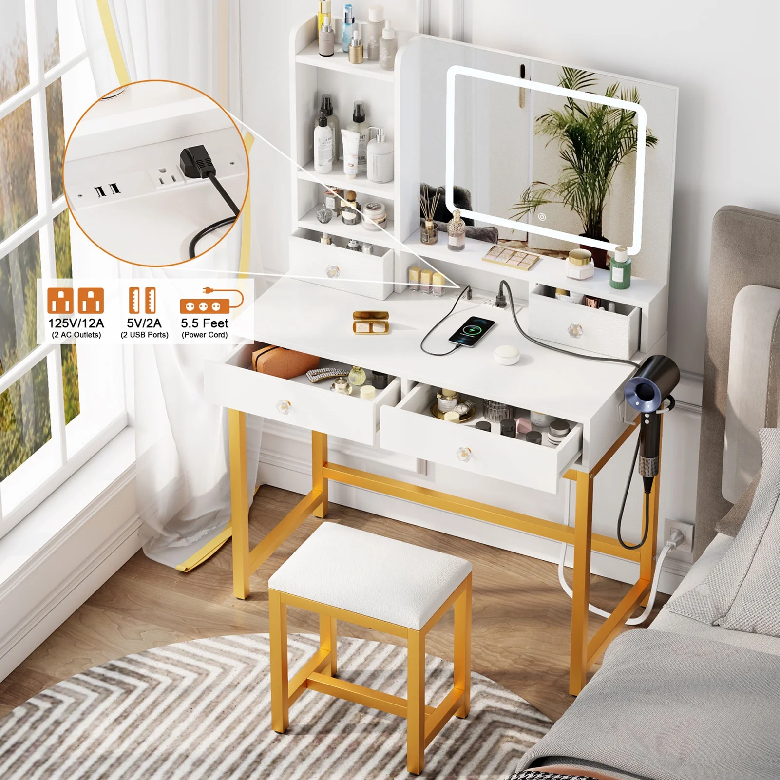 Satifur White Vanity Desk Set with Mirror and Lights, Makeup Table with Charging Station, Comfortable Bench, Big Vanity with 3 Storage Compartments, 39.4in