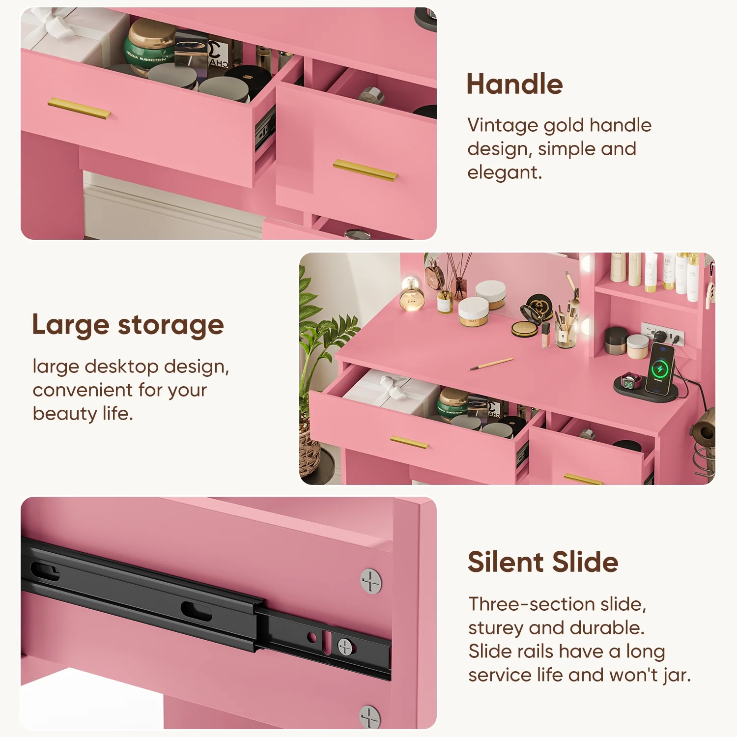 Cottinch Vanity Desk 3 Color Lighted Mirror,Makeup Dressing Table with 4 Drawers and Storage Shelves,2 Outlets,2 USB Ports,White