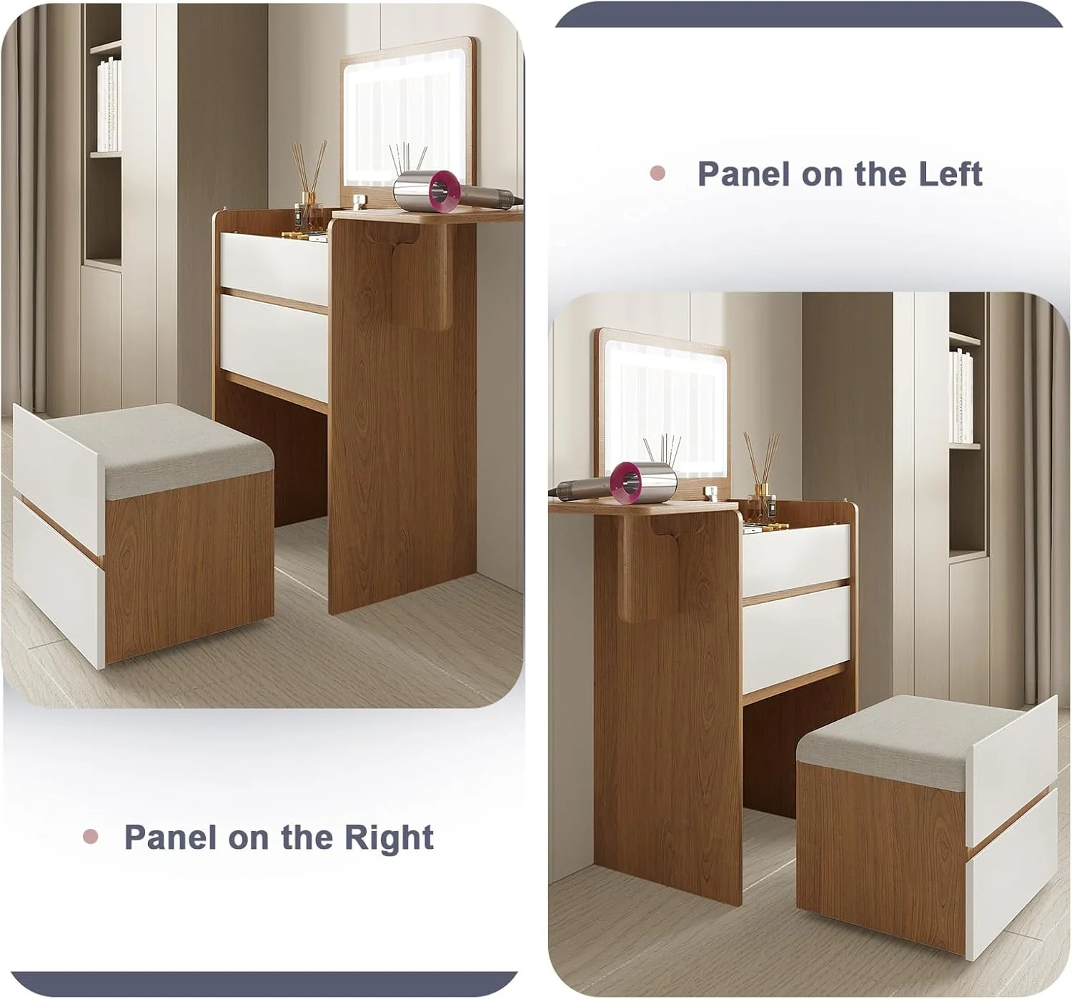 Vanity Desk with Flip Top Lighted Mirror, Compact Makeup Table with Storage Stool, Integrated Vanity with Drawers, 3-in-1 Vanity Set, Small Dressing Desk for Bedroom