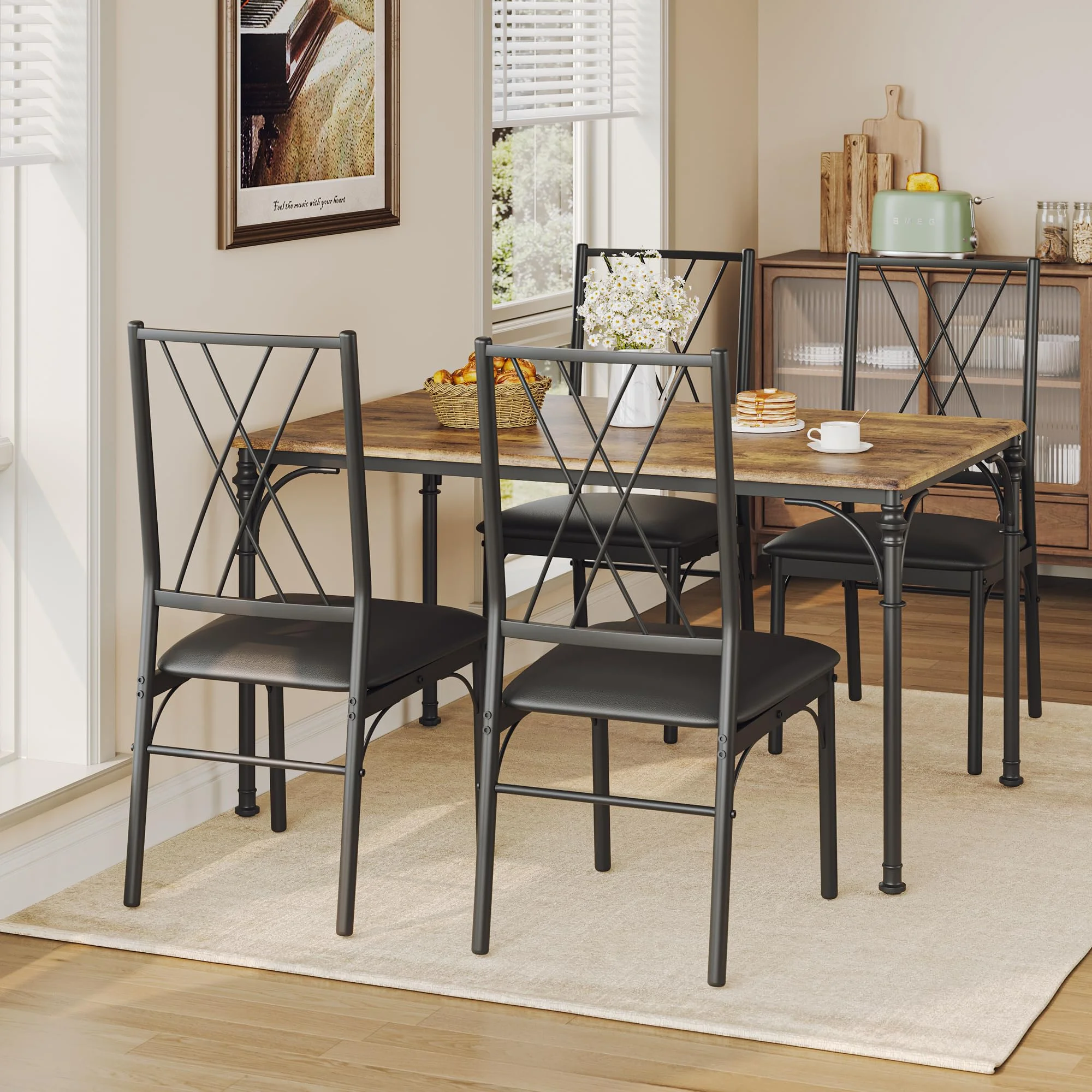 Huisuilinss Dining Table Set For 4,5-Piece Kitchen Table And Chairs Set,Farmhouse Rectangular Dining Room Table Set,Kitchen Table Set With 4 Chairs,Wood Metal Frame Dinette Set For Apartment