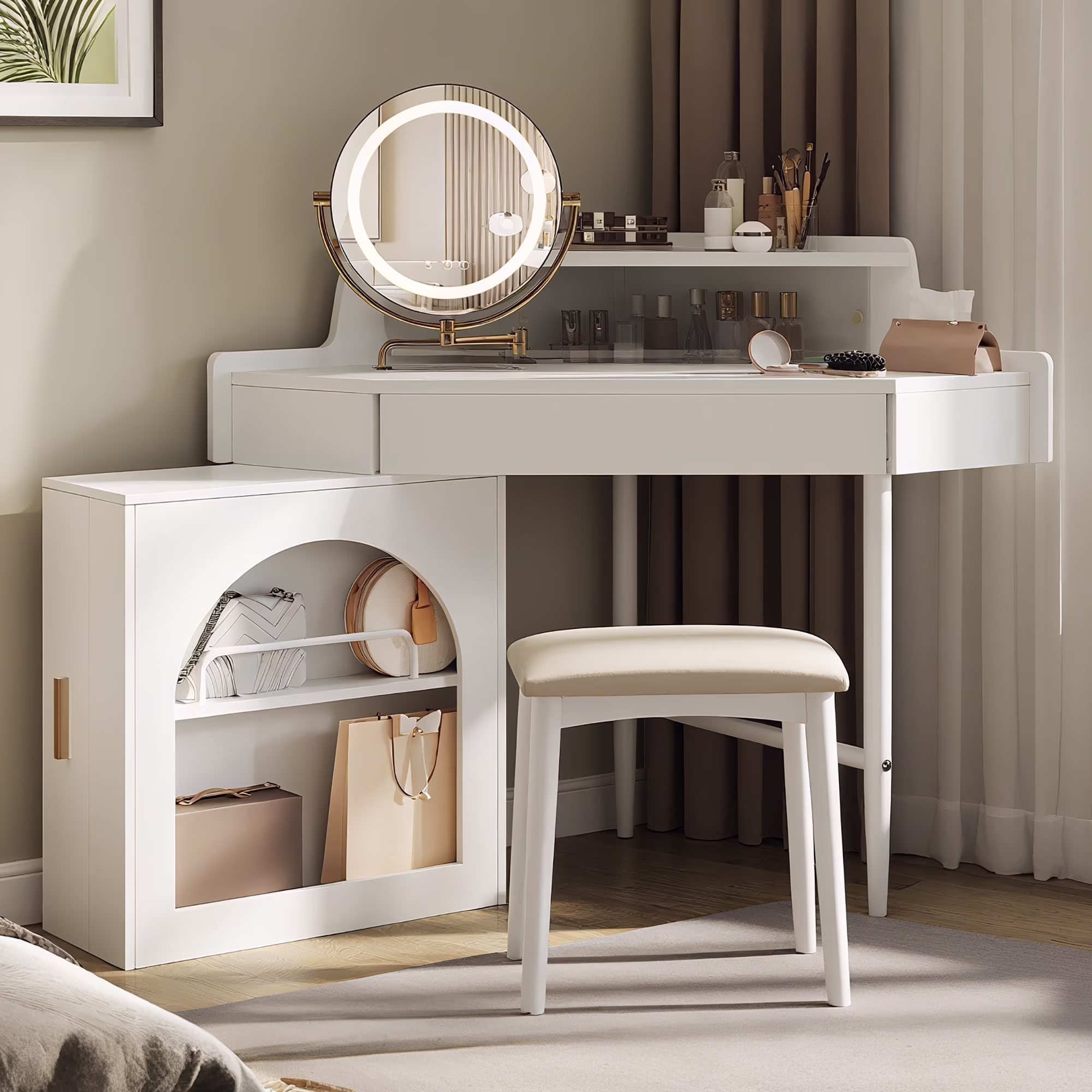 MODERNLUXE Corner Makeup Vanity Desk with Folding Mirror and Lights,Modern Vanity Set with 1 Stool,2 Drawers and 3 Shelves for Bedroom,Women, and Girls,Walnut