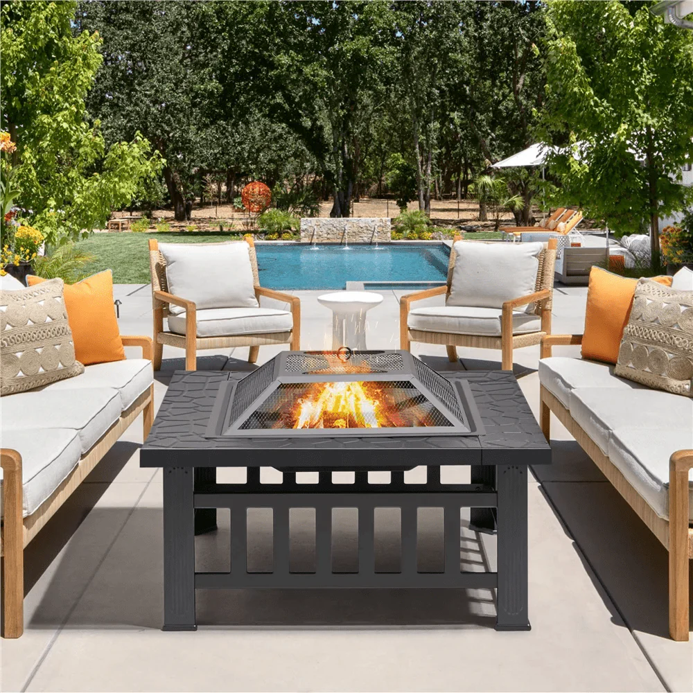 Metal Fire Pit for Outside, 32'' Stone Finish Fire Pit Table, Wood Burning Outdoor Firepit with Fire Bowl, Mesh Screen Lid, Poker