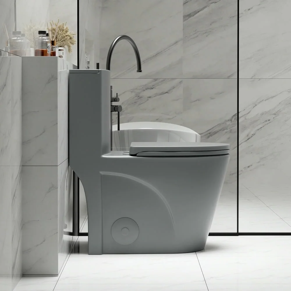 Spaco 1.1/1.6 GPF Dual Flush One-Piece Toilet, Button on Tank top S-trap 12 inches, Elongated Bowl with Soft Close Seat, Water-Saving MAP 1000g, Comfort Chair Seat ADA Height, Light Gray