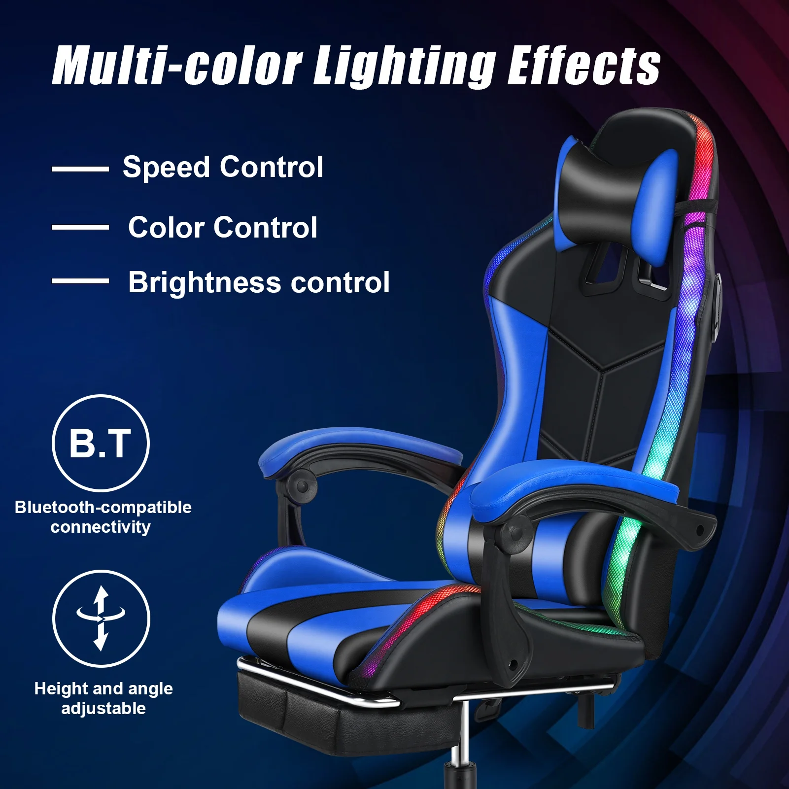 Hzsb Gaming Chair with Bluetooth Speakers and RGB LED Lights Ergonomic Massage Video Game Chair with Footrest High Back with Lumbar Support