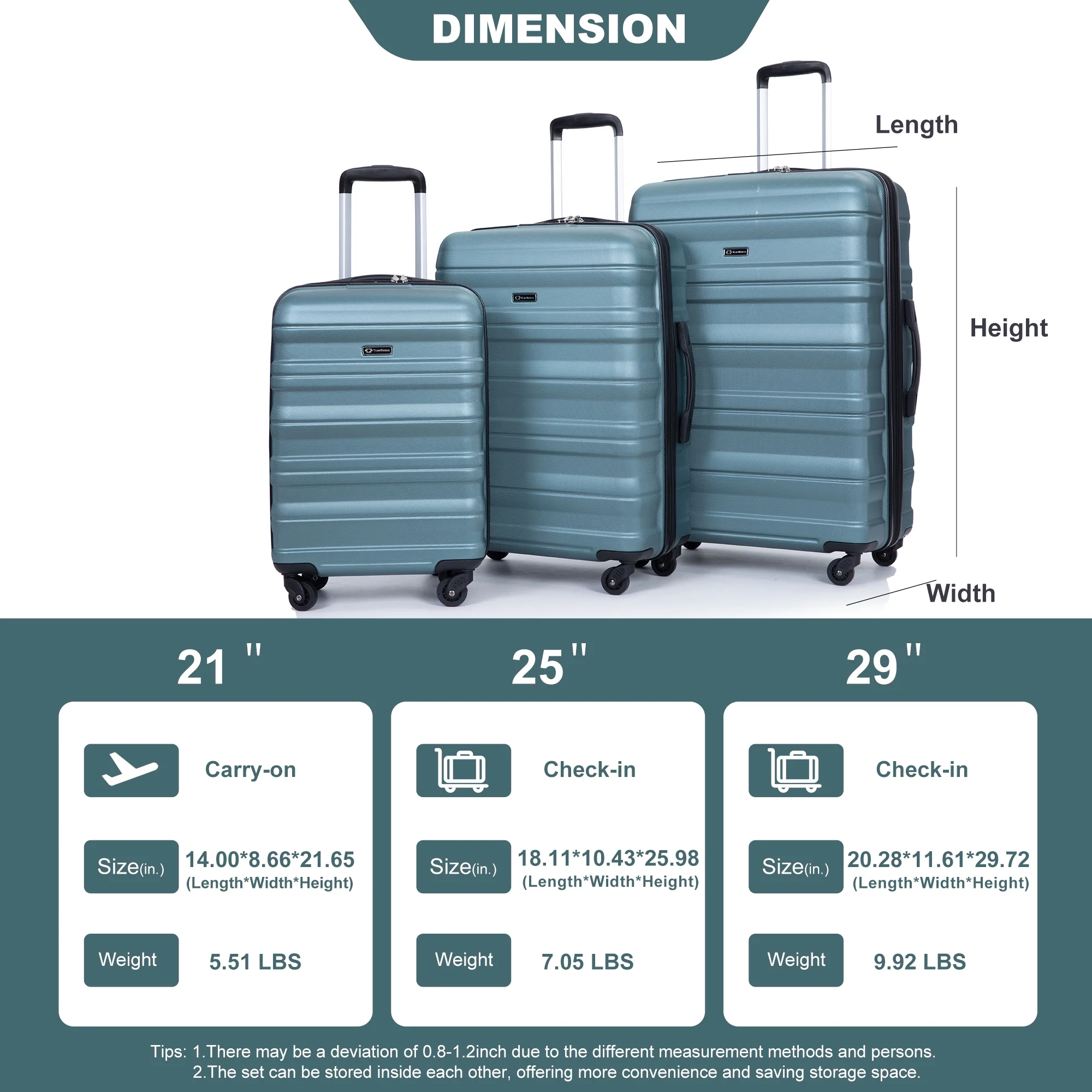 PAPROOS Hardside Luggage Set, 3 Piece 21in 25in 29in Carry on Suitcases Set with 2 Hooks and TSA Lock, Modern Lightweight Luggage Set, Hardshell Expandable Suitcase Set for Family Travel, Black