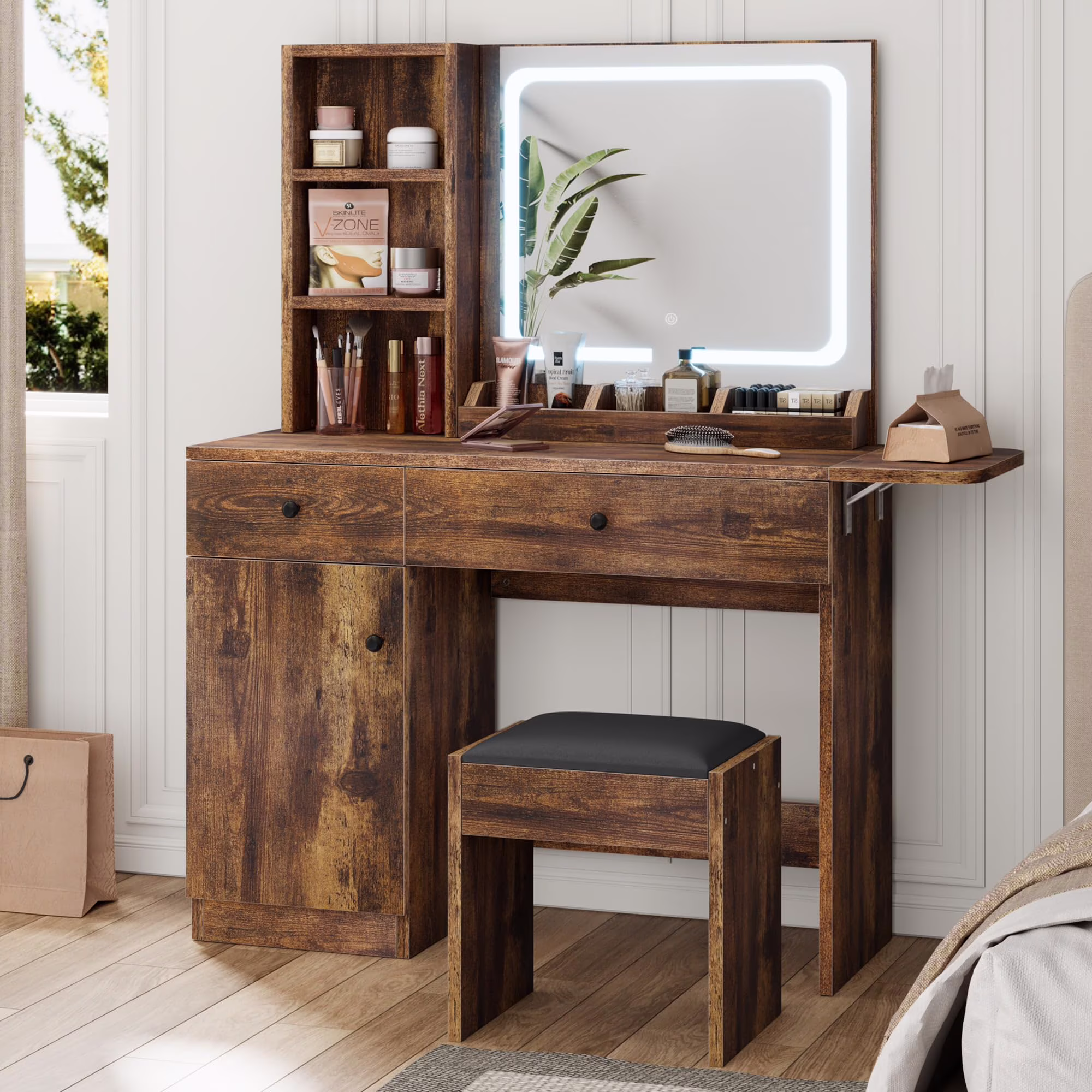 DSstyles Brown/Black/White Vanity Desk with LED Lighted Mirror & Power Outlet, Makeup Vanity with Drawers & Cabinet & Chair, Vanity Table Set for Bedroom
