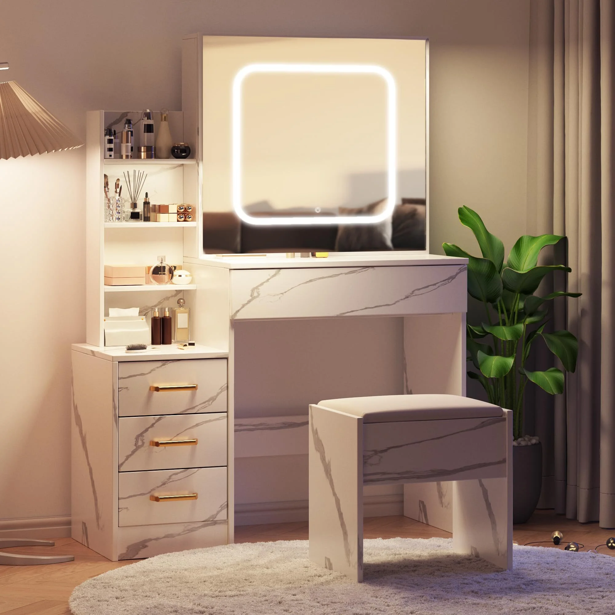 Vanity Desk with Sliding Mirror & Lights, Makeup Vanity Set with Charging Station 4 Drawers 7 Shelves, Large Vanity Set with Cushioned Stool for Bedroom, White