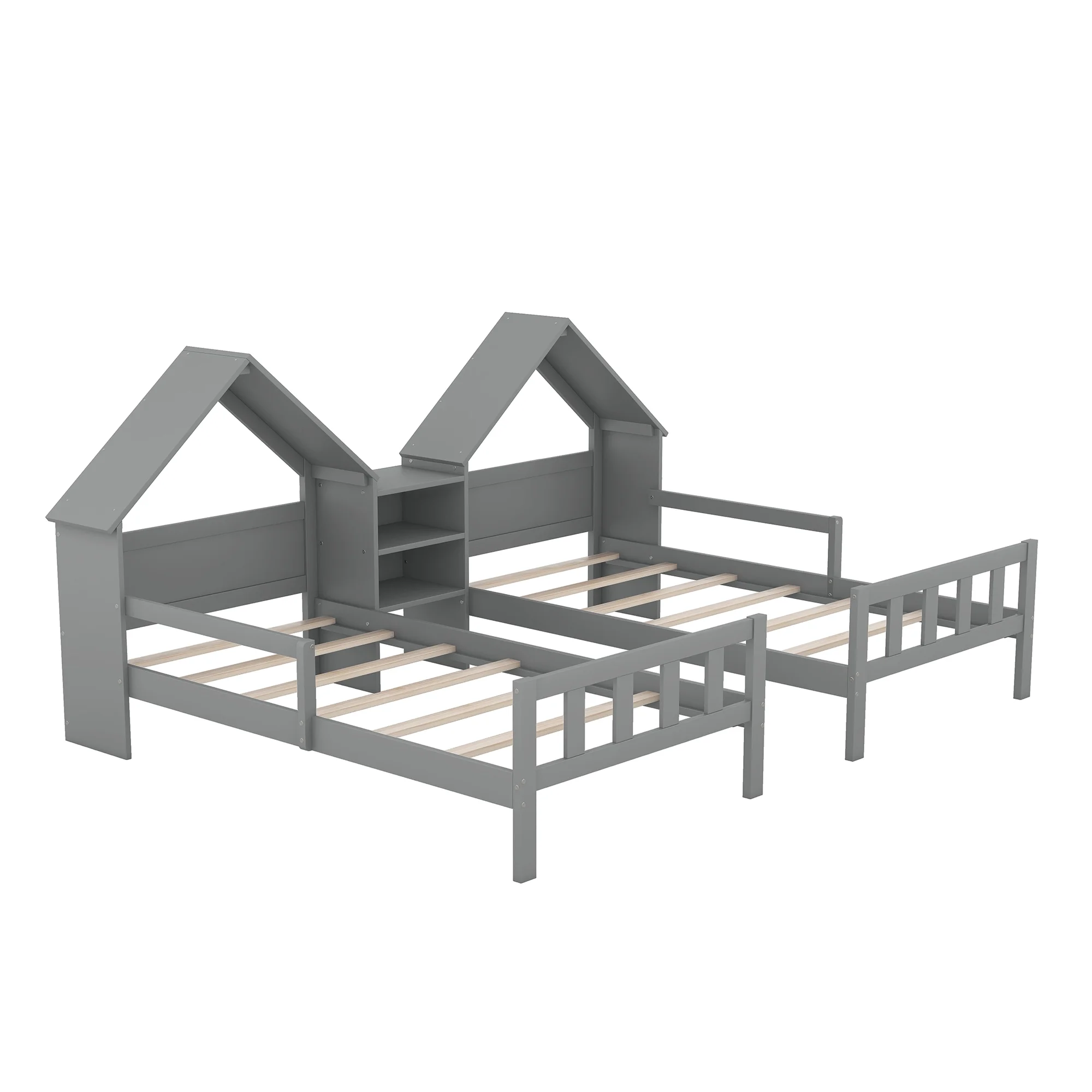 Euroco Twin Size Wood House Platform Bed, Two Beds in One with Desk and Shelf, 2 Platform Beds for More Kids Teens, Gray