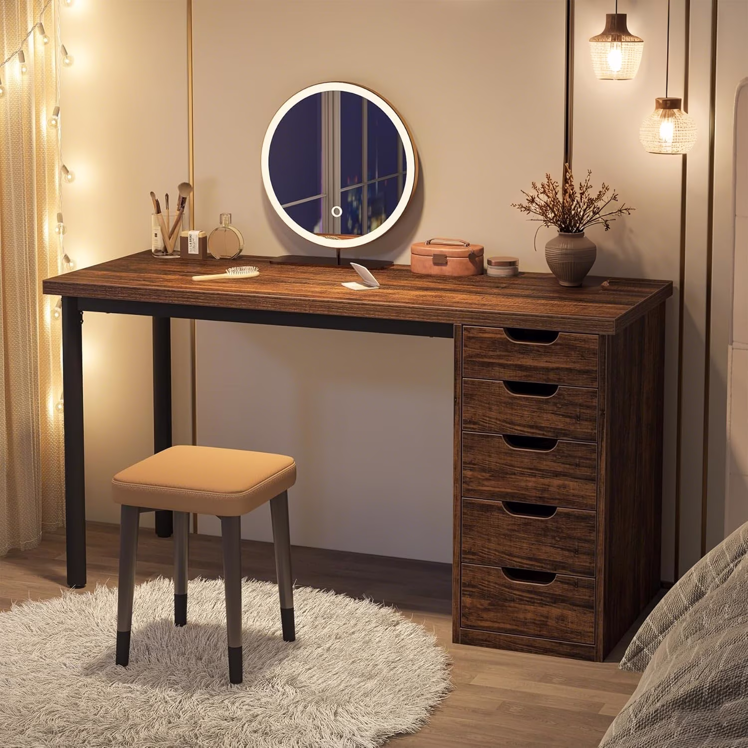 Tribesigns 47 inches Vanity Desk with 5 Drawers, Rustic Makeup Dressing Table with Storage, Modern Simple Computer Desk for Women, Girls (Brown)