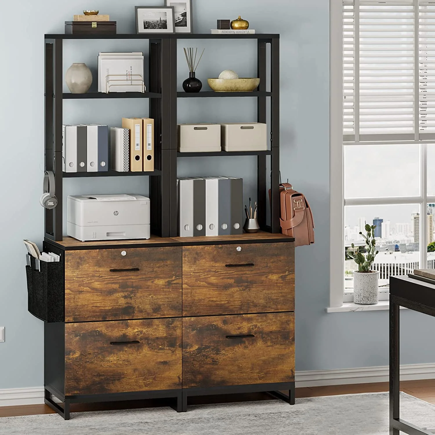 2 Drawer File Cabinet with Lock&Storage Bag,Rustic Home Office Filing Cabinets with Adjustable Storage Shelf,Brown