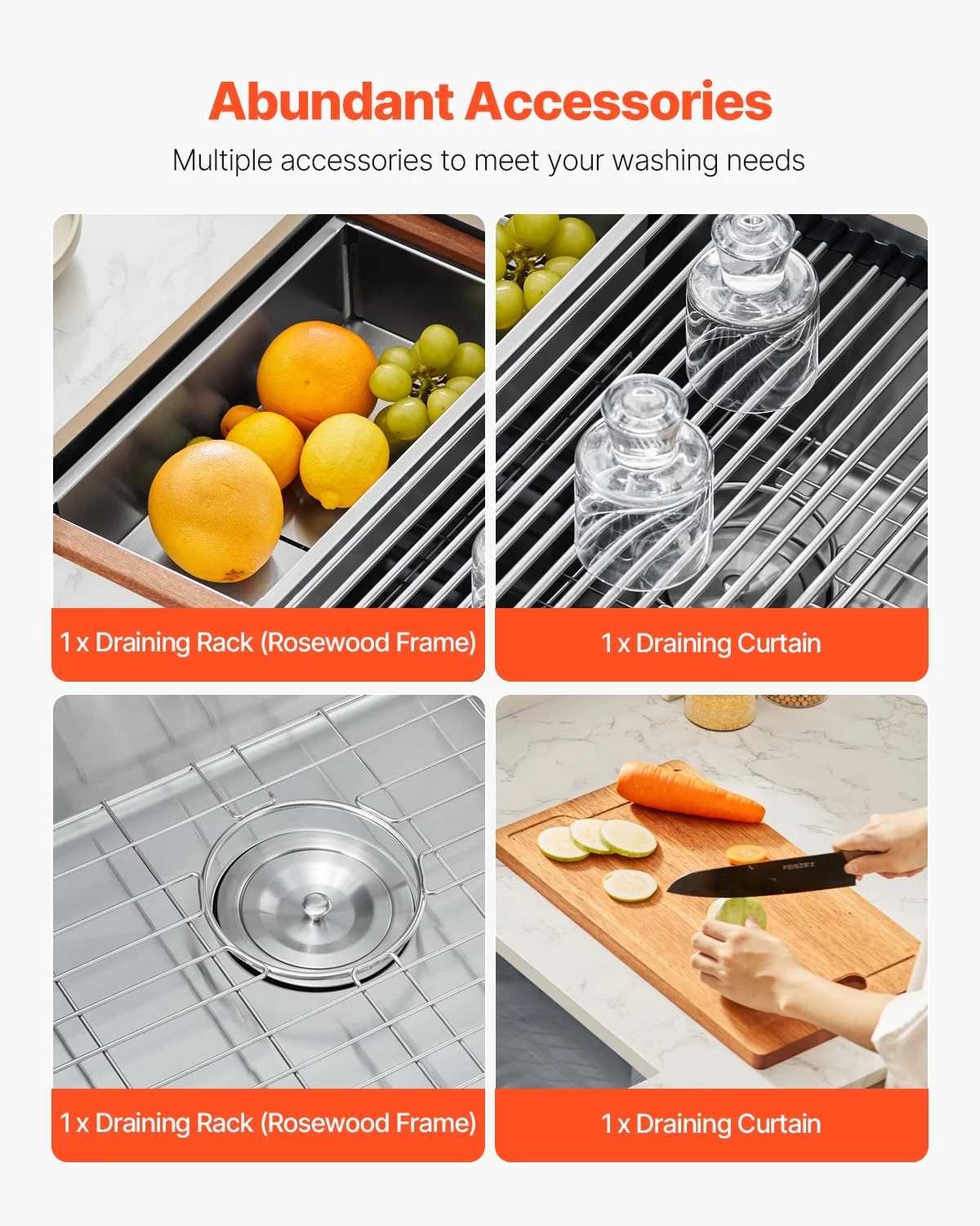 KFFKFF 23-inch Undermount Kitchen Sink,  304 Stainless Steel Single Bowl Drop-In Farmhouse Basin with Ledge & Various Add-ons, Domestic Dishwasher Sinks Suitable for Workstation, RV