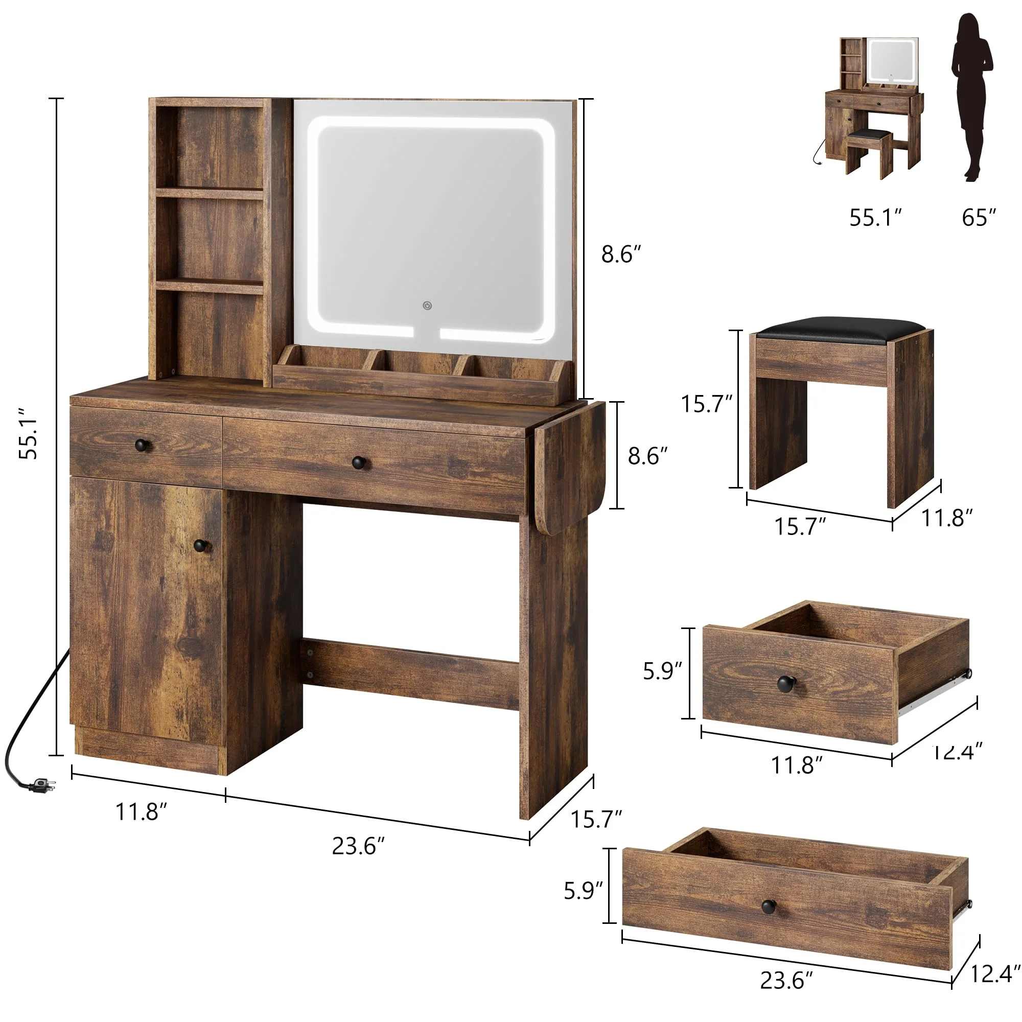 DSstyles Brown/Black/White Vanity Desk with LED Lighted Mirror & Power Outlet, Makeup Vanity with Drawers & Cabinet & Chair, Vanity Table Set for Bedroom