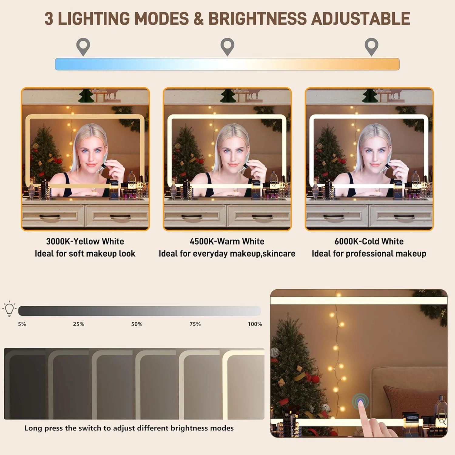 ChVans 62'' Large Vanity Desk with Tempered Glass Top & Charging Station, Farmhouse Makeup Vanity with 8 Storage Drawers & 2 LED Glass Storage Cabinets & 3 Lights Mode LED Mirror for Women Gift