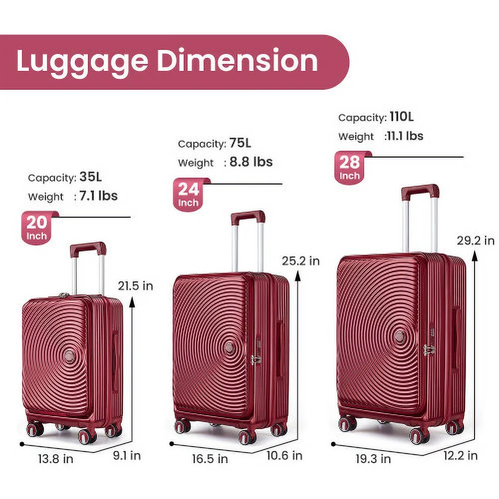 Bailu Luggage Set 3-Piece (20/24/28), Expandable Carry-On Luggage with TSA Lock Airline Approval, 100% PC Hard Shell Lightweight Luggage with Front Pocket and Spinner Wheels (Black)