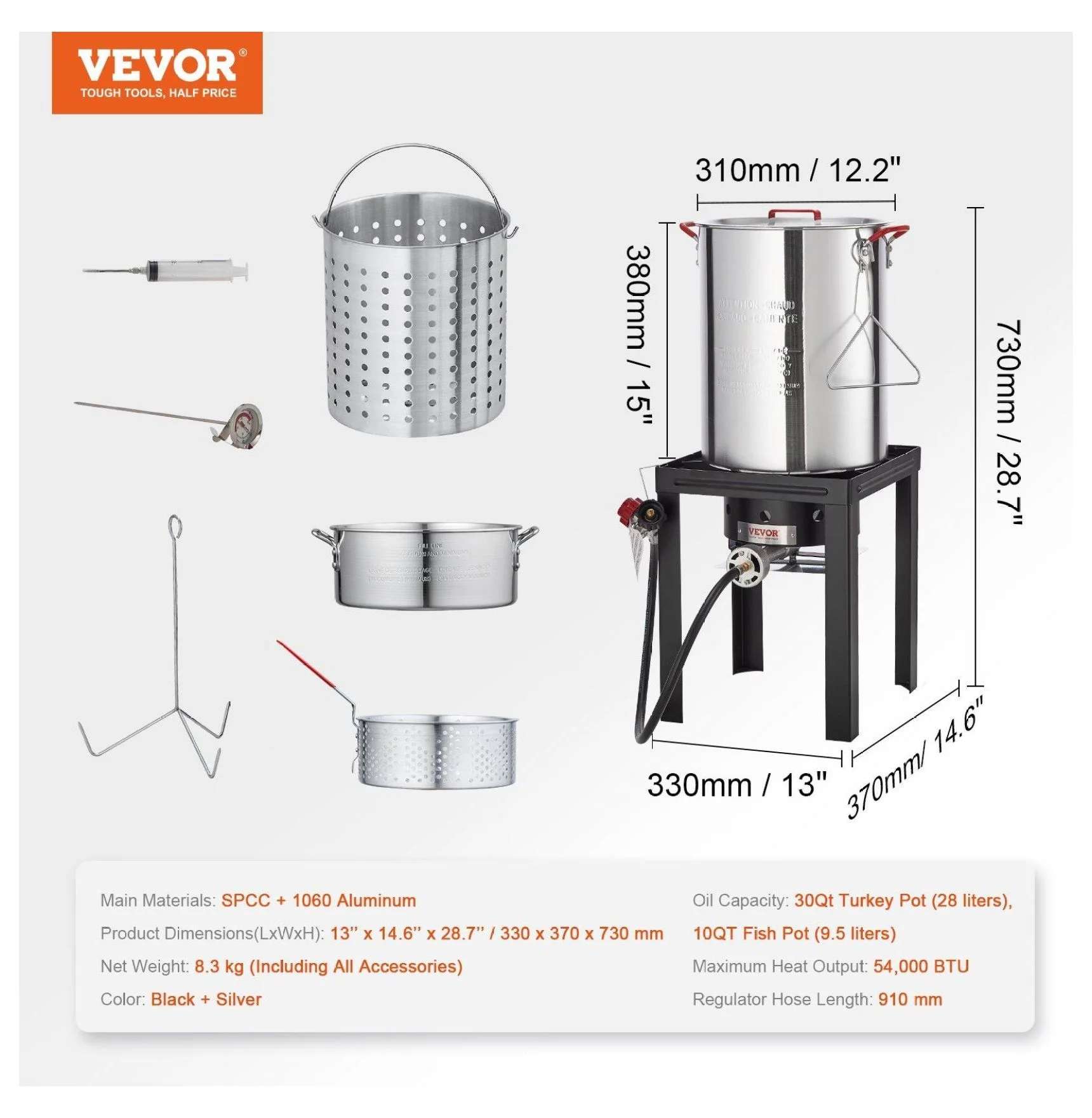 Turkey Deep Fryer, 30-qt Turkey & 10-qt Fish Steamer Cooker Set, Outdoor Aluminum Seafood Frying Pot, 54,000 BTU Burner Propane Gas Boiler, Includes Baskets, Perforated Poultry Rack, Temperature Gauge 10 Qt