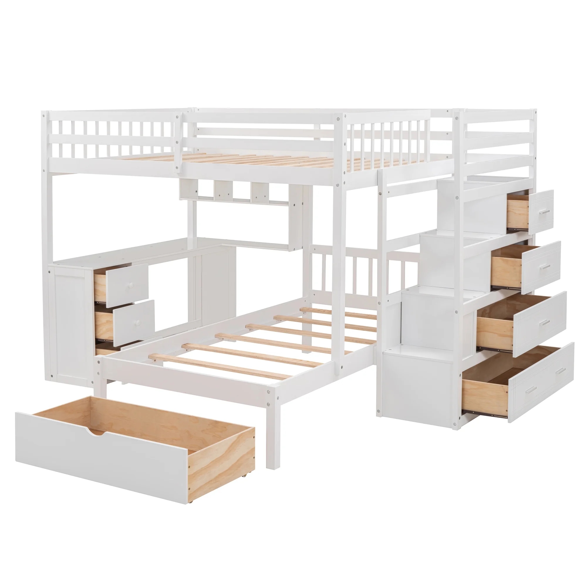 Harper & Bright Designs Full Over Twin Bunk Bed with Desk, Drawers and Shelves, L-Shaped Bunkbeds with Storage Staircase for Adults Bedroom, White