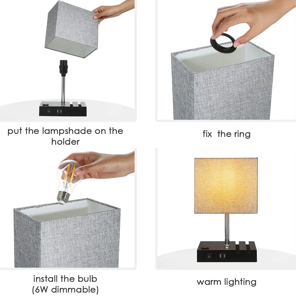 Touch Control Table Lamp with 2 USB Charging Ports, 1 AC Outlets and 2 Phone Stands, Modern USB Desk Lamp with Black Wooden Base and Grey Shade Suitable for Bedroom, Living Room