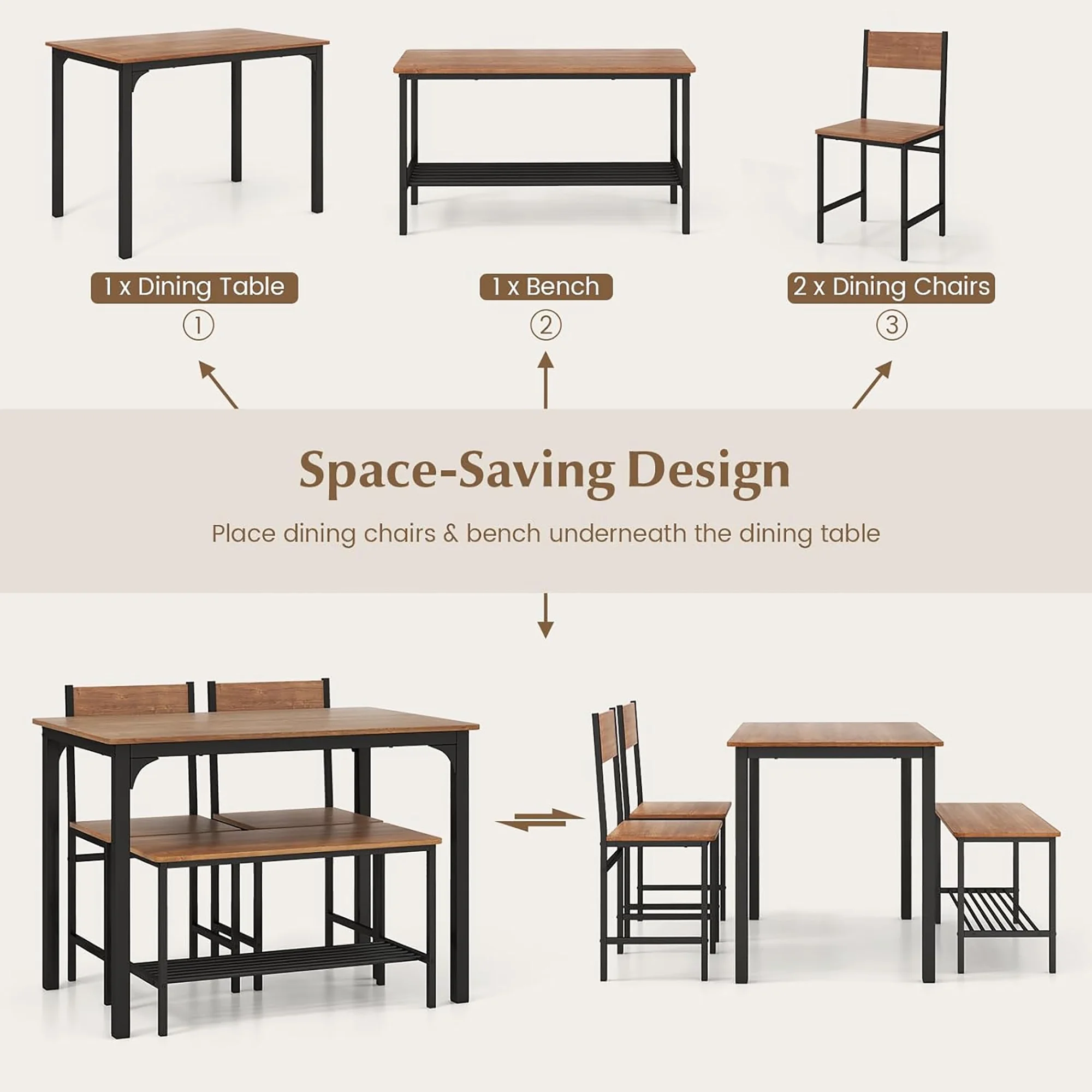Gymax 4pcs Dining Table Set Rustic Desk 2 Chairs & Bench w/ Storage Rack Grey