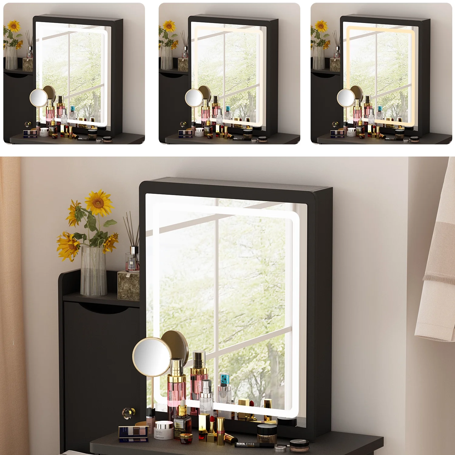 OXYLIFE Makeup Vanity Desk Table with Sliding LED Lighted Mirror, Cushion Stool, 4 Drawers and Shelves, White+Gray