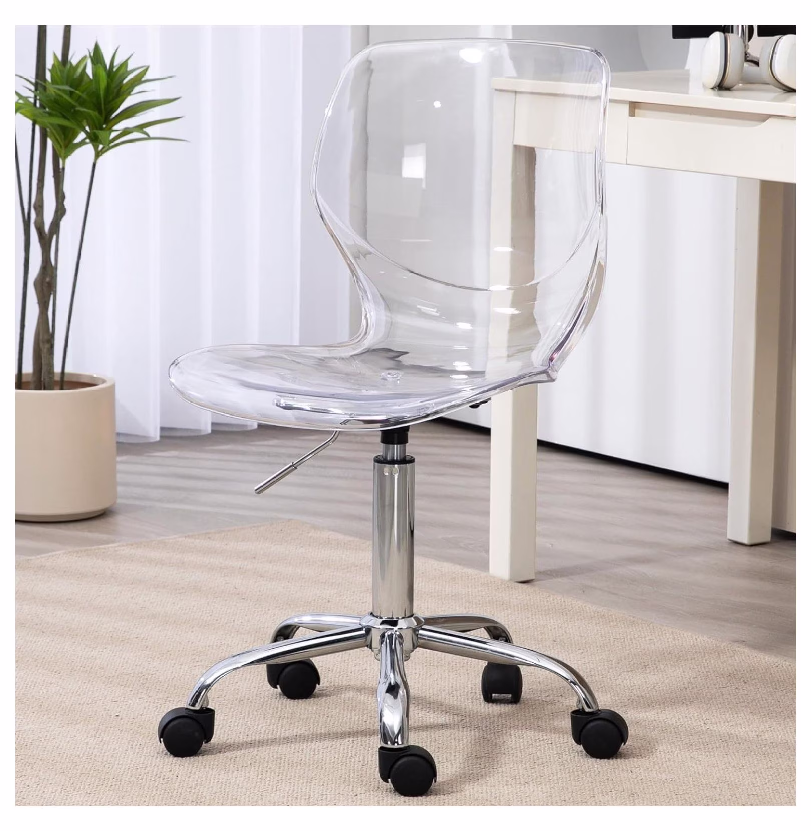 Echoworld Clear Rolling Chair, Armless Desk Chair with Golden Feet Swivel Molded Plastic Shell Adjustable Home Office Chair with Wheels, Clear