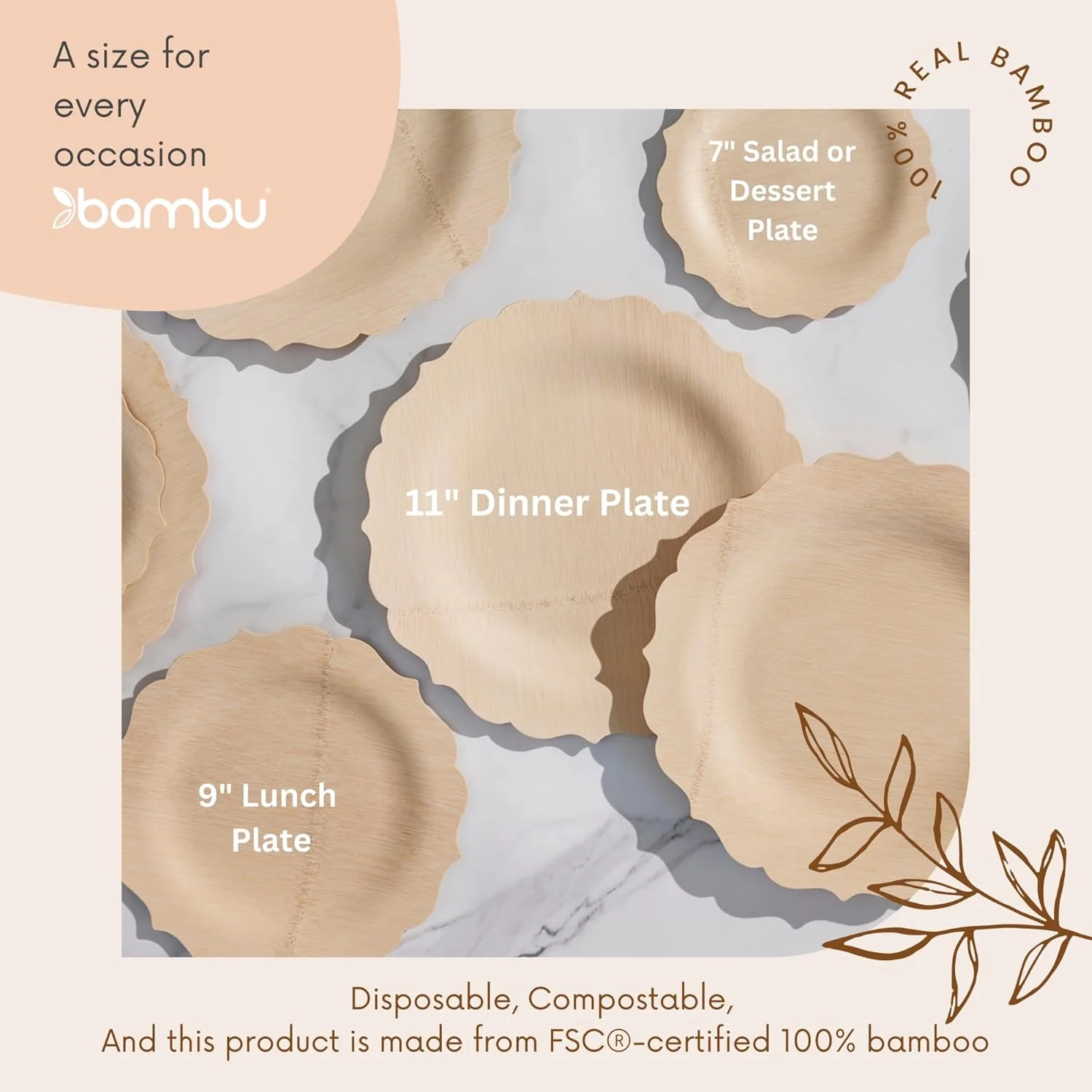Bambu Pack of 100-9 Inch Fancy 100% Bamboo Plates �C Premium Disposable Dinnerware | Elegant, Biodegradable Veneerware Natural Tableware for Weddings, Parties, Entertaining & Special Occasions