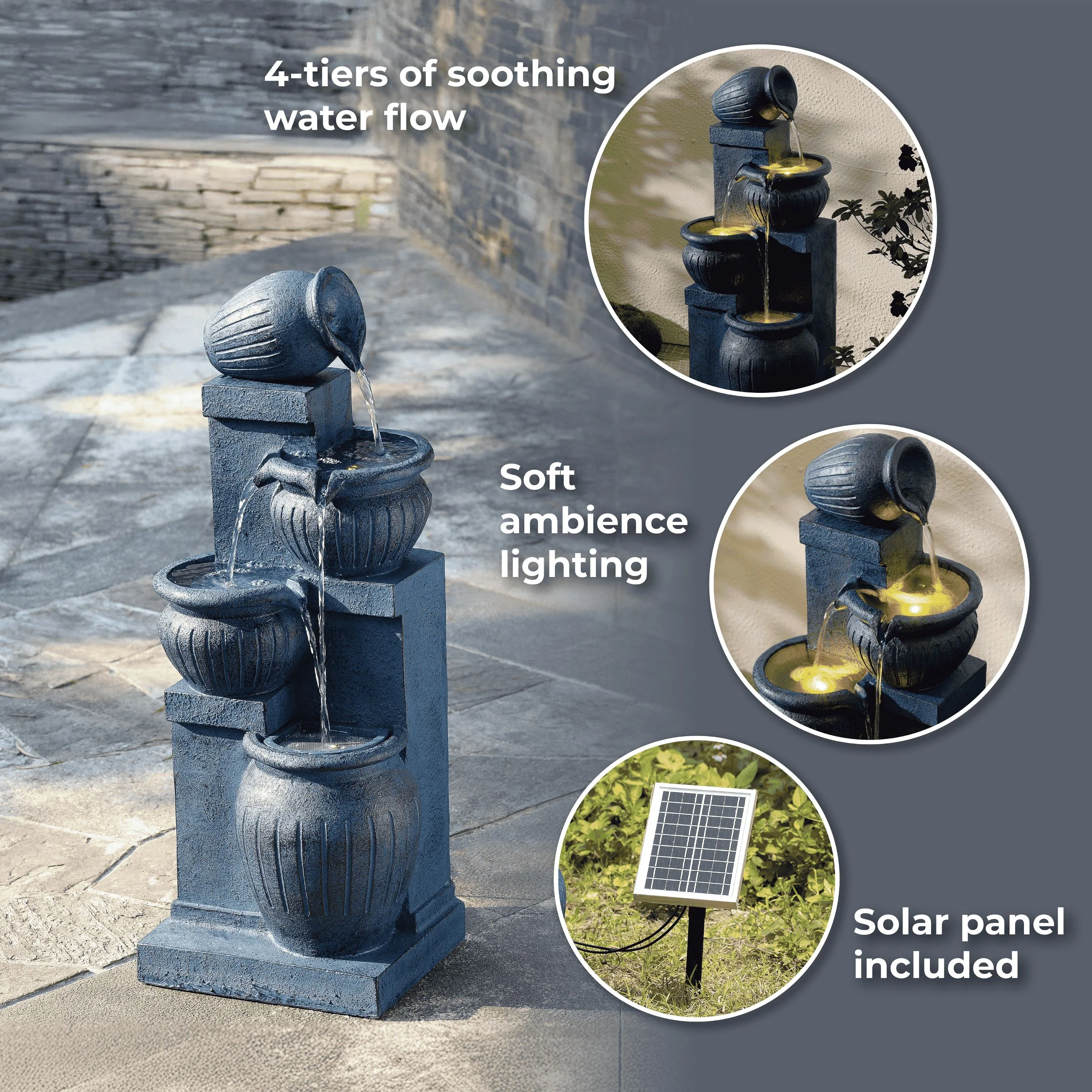 Teamson Home Outdoor Water Fountain with Lights�C 4-Tier Cascading Bowl Design with LED Light & Solar Pump, Solar-Powered Water Fountain Outdoor Garden, Yard, or Patio D��cor, Navy Blue