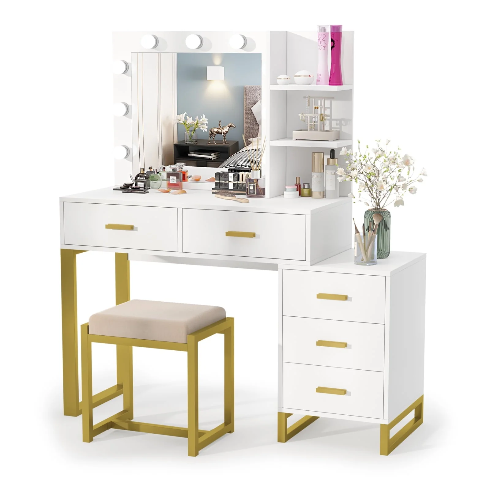 PAKASEPT Vanity Set with Lighted Mirror, Large Vanity Desk Makeup Vanity Dressing Table with 9 LED Lights, 5 Drawers, Storage Shelves&Cushioned Stool for Bedroom