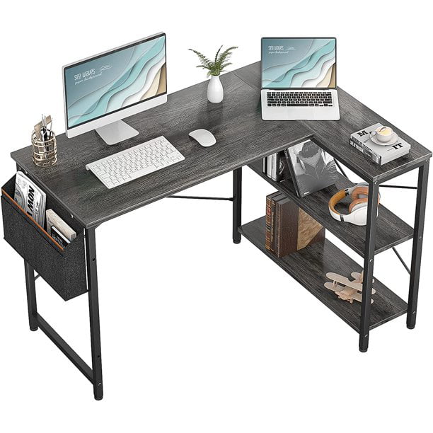 Homieasy L Shaped Desk, 47 Inch Reversible Computer Desk with Storage Shelves, Modern Corner Desk Gaming Desk Small Office Desk with Storage Bag for Home Office Workstation, Black Oak