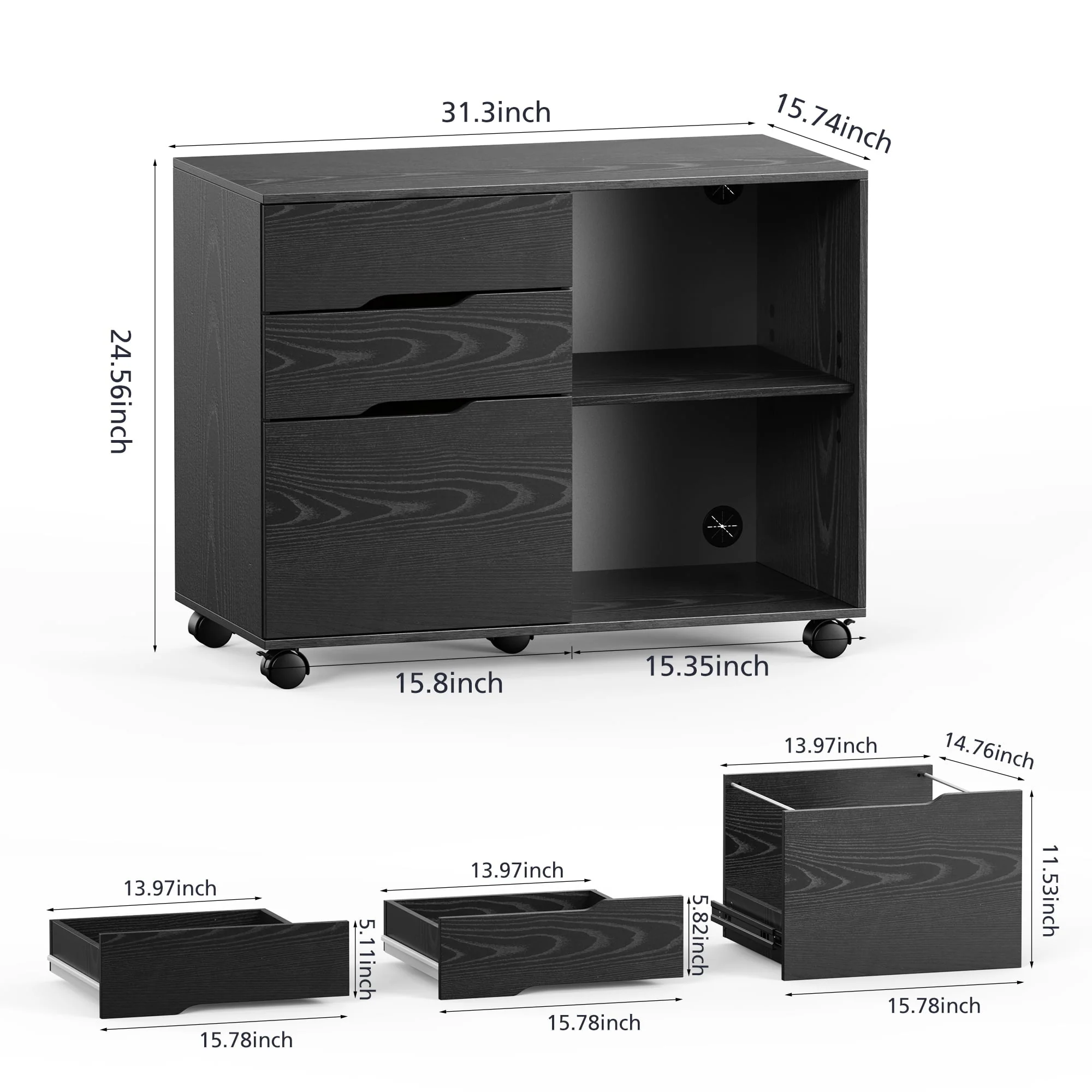 Rolling File Cabinet with Lock, 3-Drawer Wood File Cabinet for Home Office, Fits Legal/Letter/A4 Size, Printer Stand with Wheels and Open Storage Shelf, Black
