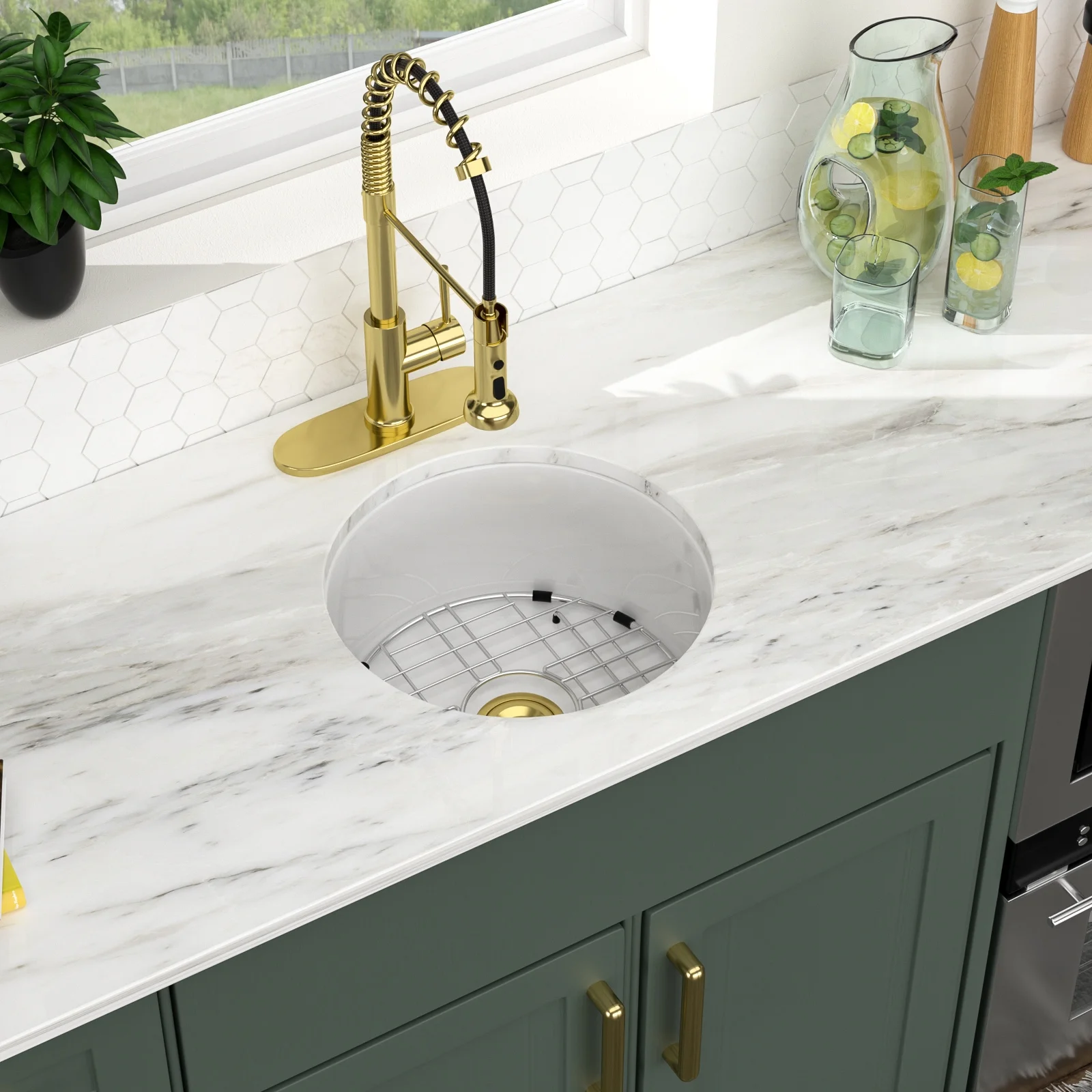 Logmey 18 Inch Round Ceramic Kitchen Sink Porcelain Small Single Bowl, White Undermount Bar Sink, Depth 8-1/3 Inch Sink, with Gold Drainer Assembly LM-WAL-LTBS3019FY-N