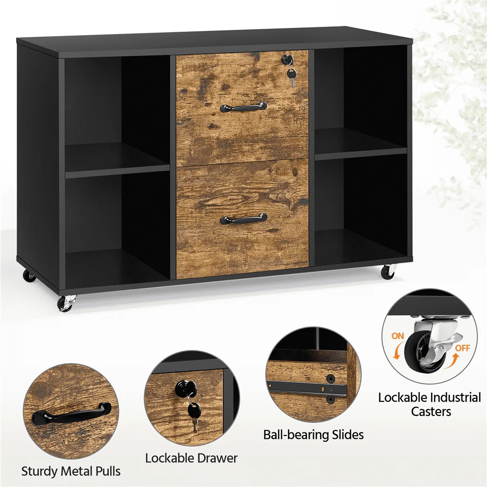 SmileMart Rolling File Cabinet with 2 Drawers, Black/Rustic Brown