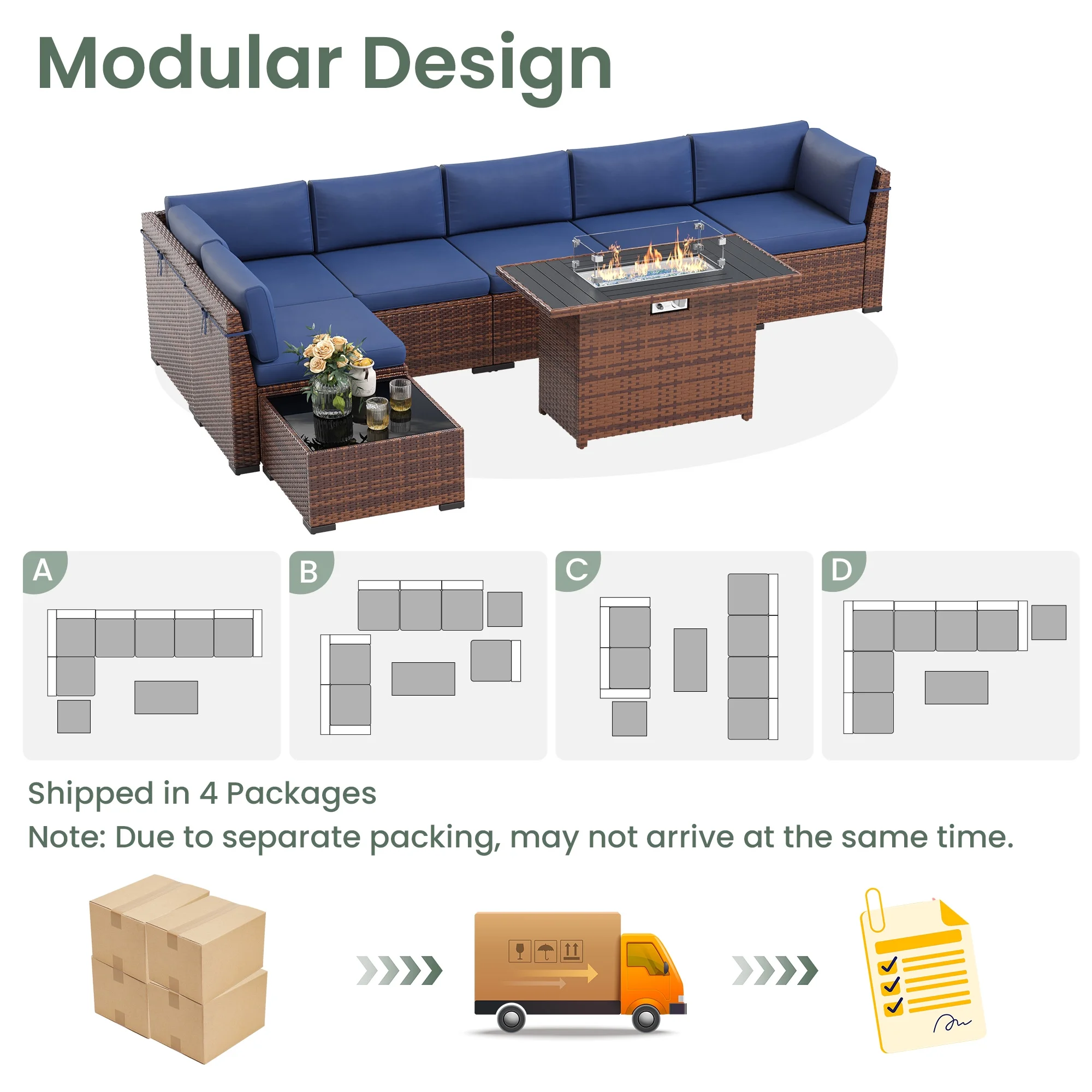 Poteban 7 Pieces Outdoor Sectional Sofa Set , PE Wicker Rattan Slanted Back Outdoor Conversation with Cushions and Glass Coffee Table for Backyard Garden, Dark Gray