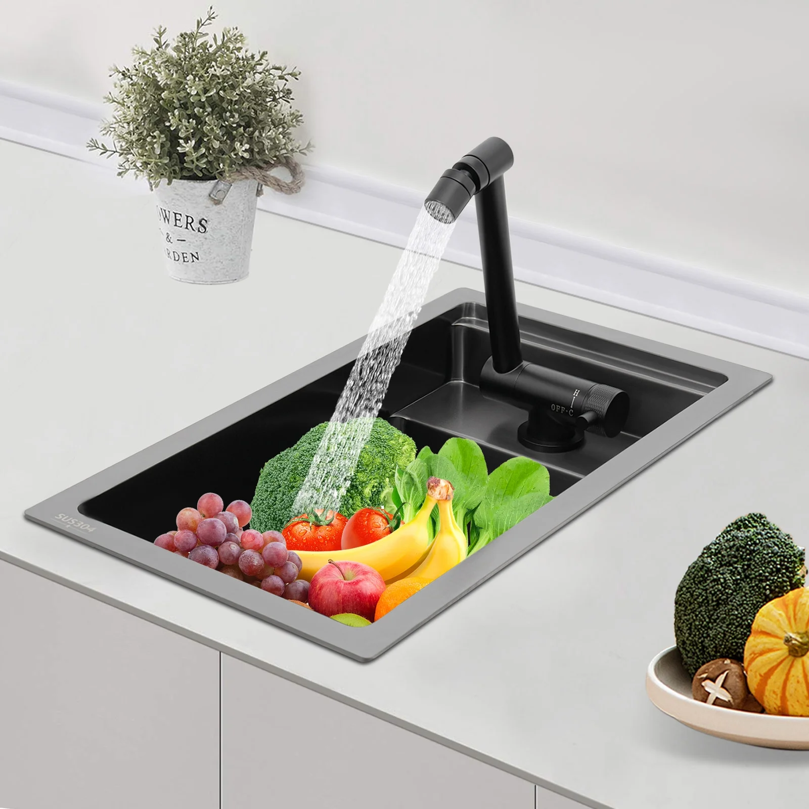 Modern Drop in Bar Sink, Single Bowl Kitchen Sink with Foldable Faucet, Black Nano 304 Stainless Steel Utility Sink for Compact Kitchen Commercial Hotel RV Laundry