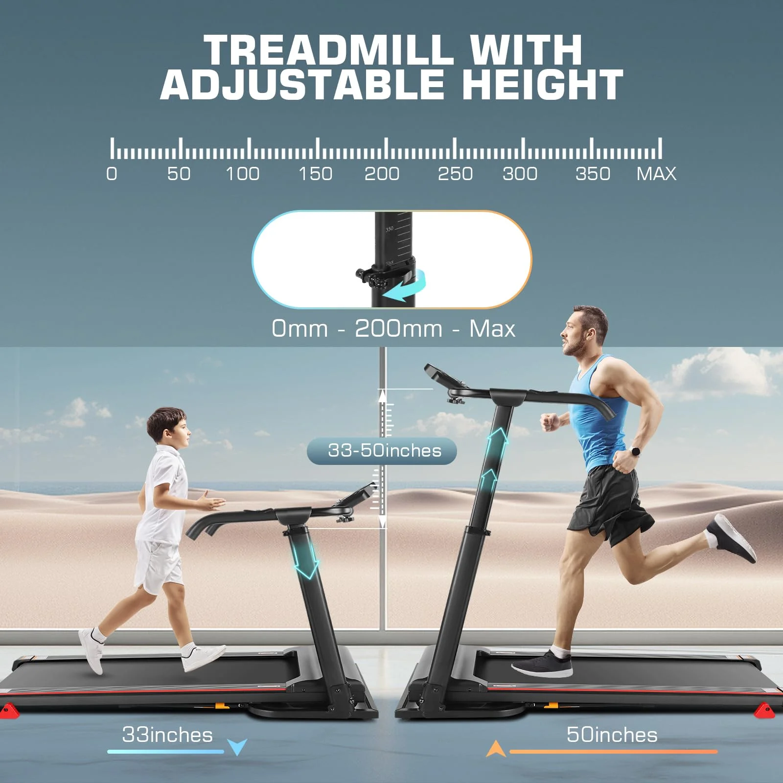 Folding Treadmill with Removable Desk, Foldable Treadmill with Adjustable Height, Treadmill 300lb Weight Capacity, White