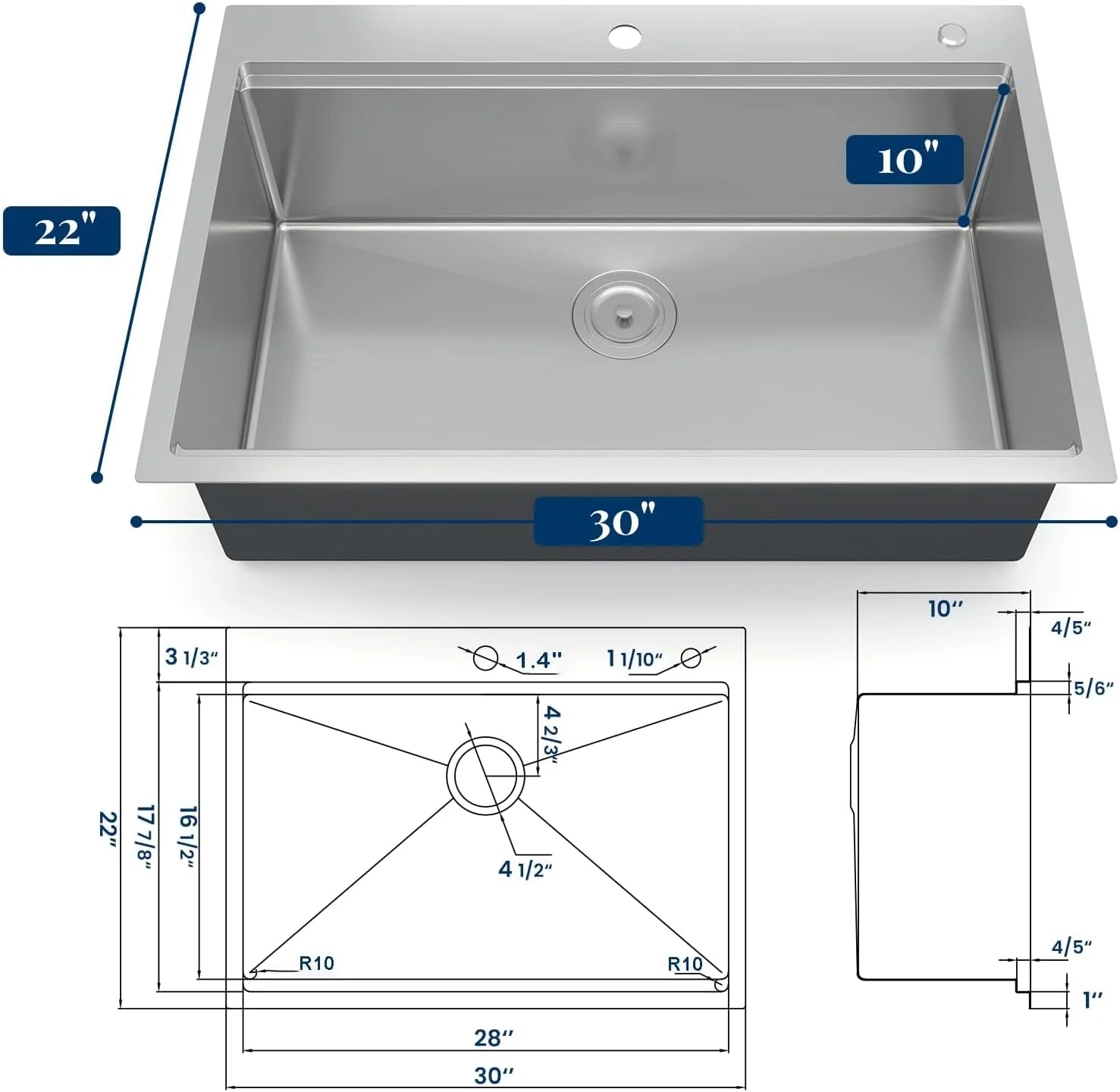 Kitchen Sink,Drop in Single Bowl Stainless Steel Bar Sink with Cutting Board,Undermount Workstation Kitchen Sink with Accessories