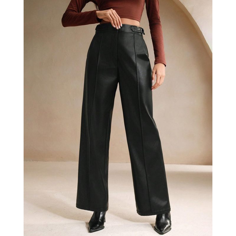Women Faux Leather Pants High Waist Wide Leg